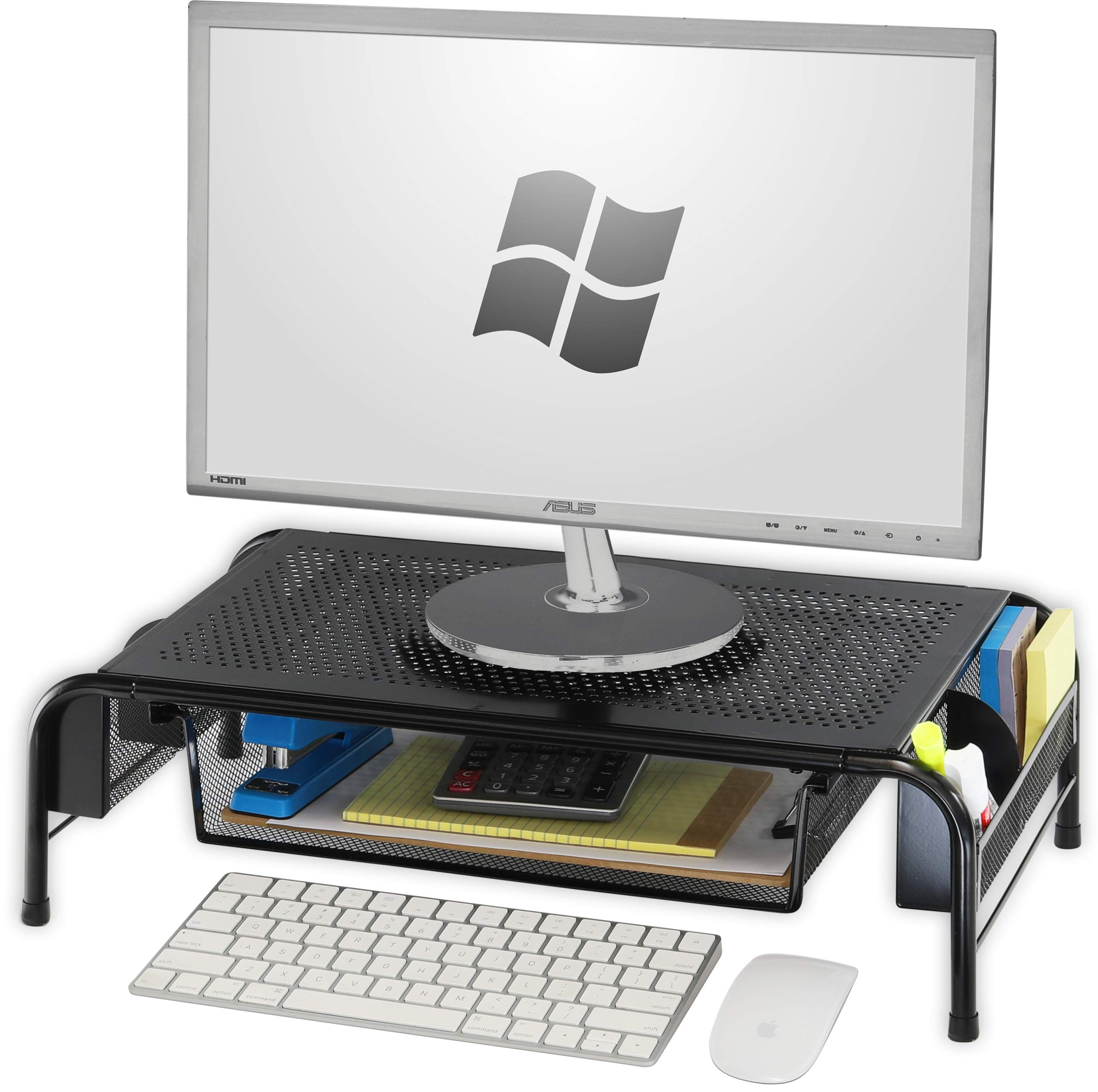 Ergonomic Metal Monitor Stand Riser with Storage Drawer - Space Saving Desk Organizer for Home Office, Gaming Setup & Workspace (Black)