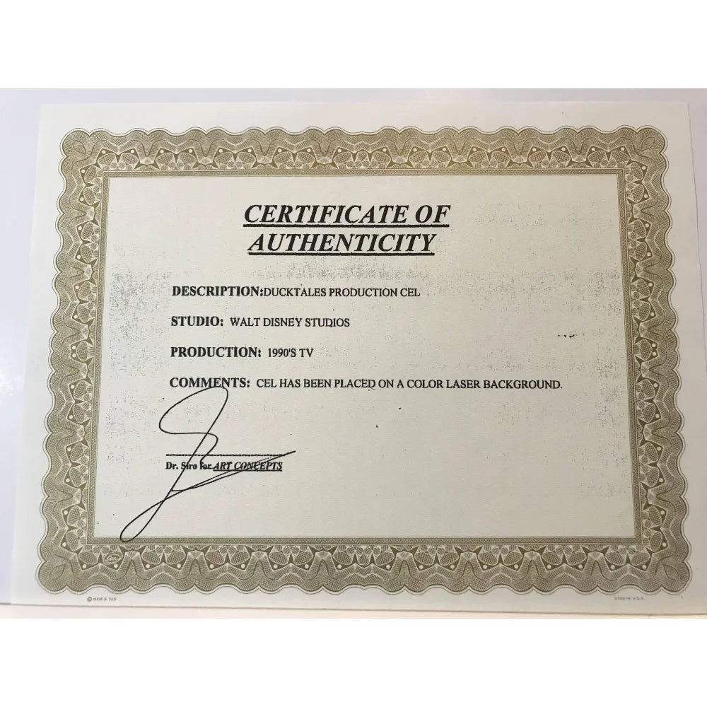 Vintage DuckTales Original Production Sketch Drawing & Cell with COA 1/1 - Rare 90s Disney TV Animation Collectible - Perfect for Disney Memorabilia Displays & Animation Art Collections