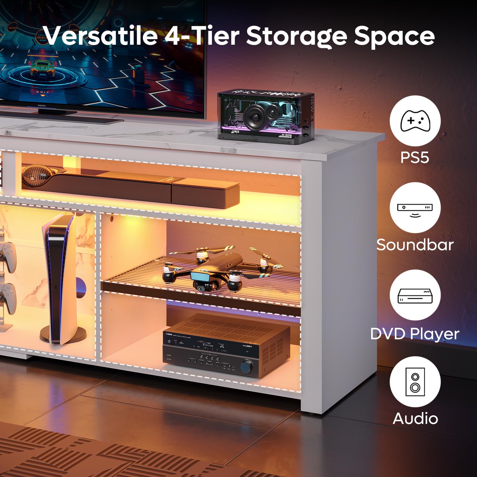 Bestier 75 Inch TV Stand with Adjustable Shelves - Modern Tall LED Entertainment Center & Gaming TV Console for PS5 Storage - White Marble TV Cabinet for Living Room & Bedroom - Perfect for Movie Nights & Gaming Sessions