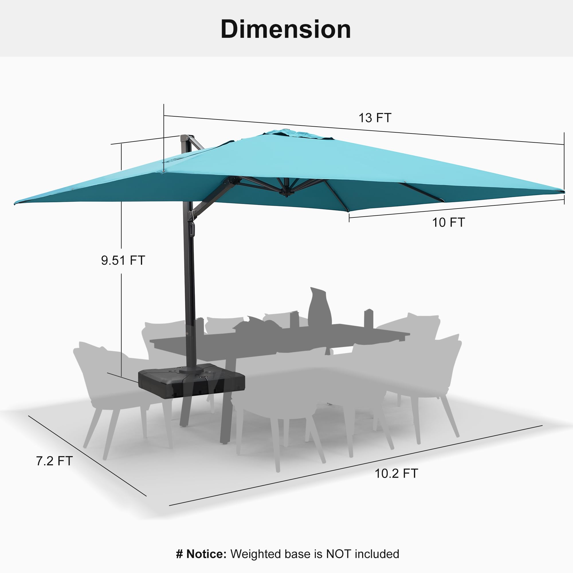 Large 10x13ft Offset Patio Umbrella with 360° Rotation - Turquoise Blue for Pool & Backyard