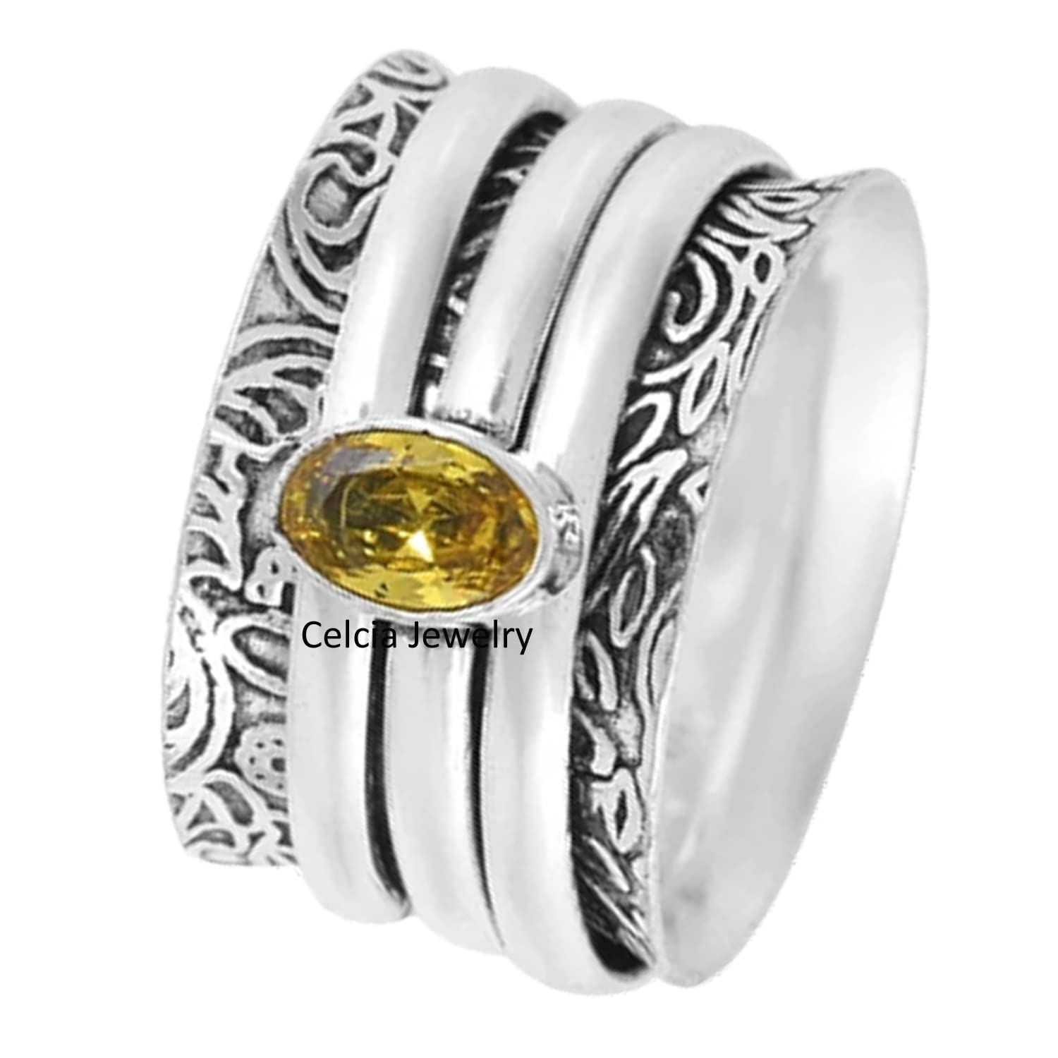 Genuine Citrine Gemstone Spinner Ring - November Birthstone Jewelry for Women | Vintage Antique Style Anxiety Relief Ring | US Size 7 | Perfect for Everyday Wear, Cocktail Parties & Stress Relief