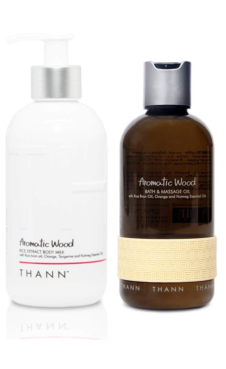 THANN Aromatic Wood Body Milk & Massage Oil Set - Hydrating Skincare for Dry Skin, Spa & Relaxation at Home - Perfect Gift for Her/Him