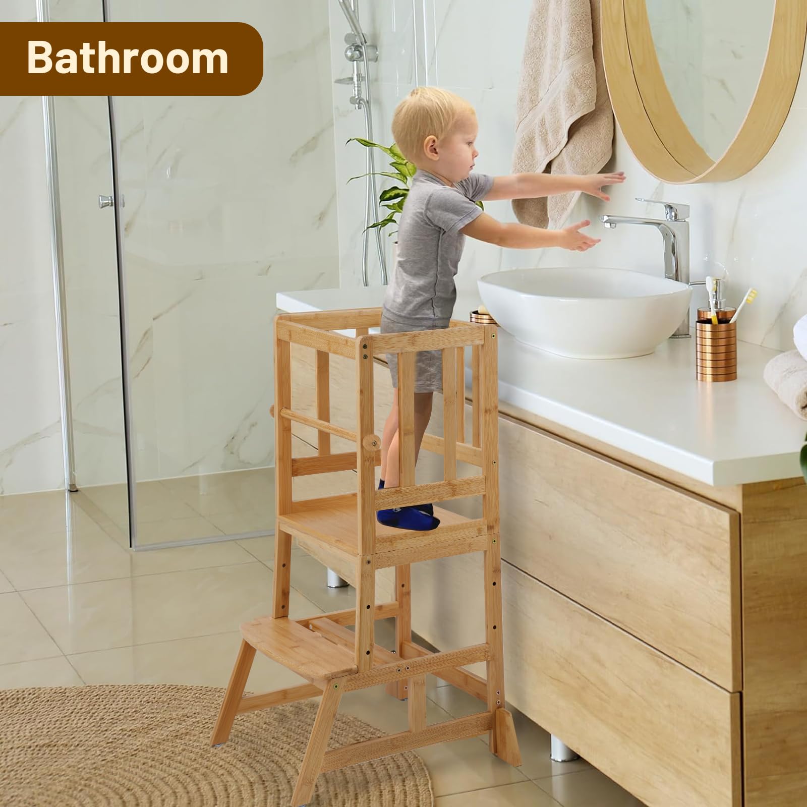 **COSYLAND Adjustable Toddler Step Stool - Natural Bamboo Learning Tower with Safety Rail for Kitchen, Playroom & Montessori - Lightweight & Sturdy Helper Stand for Kids**
