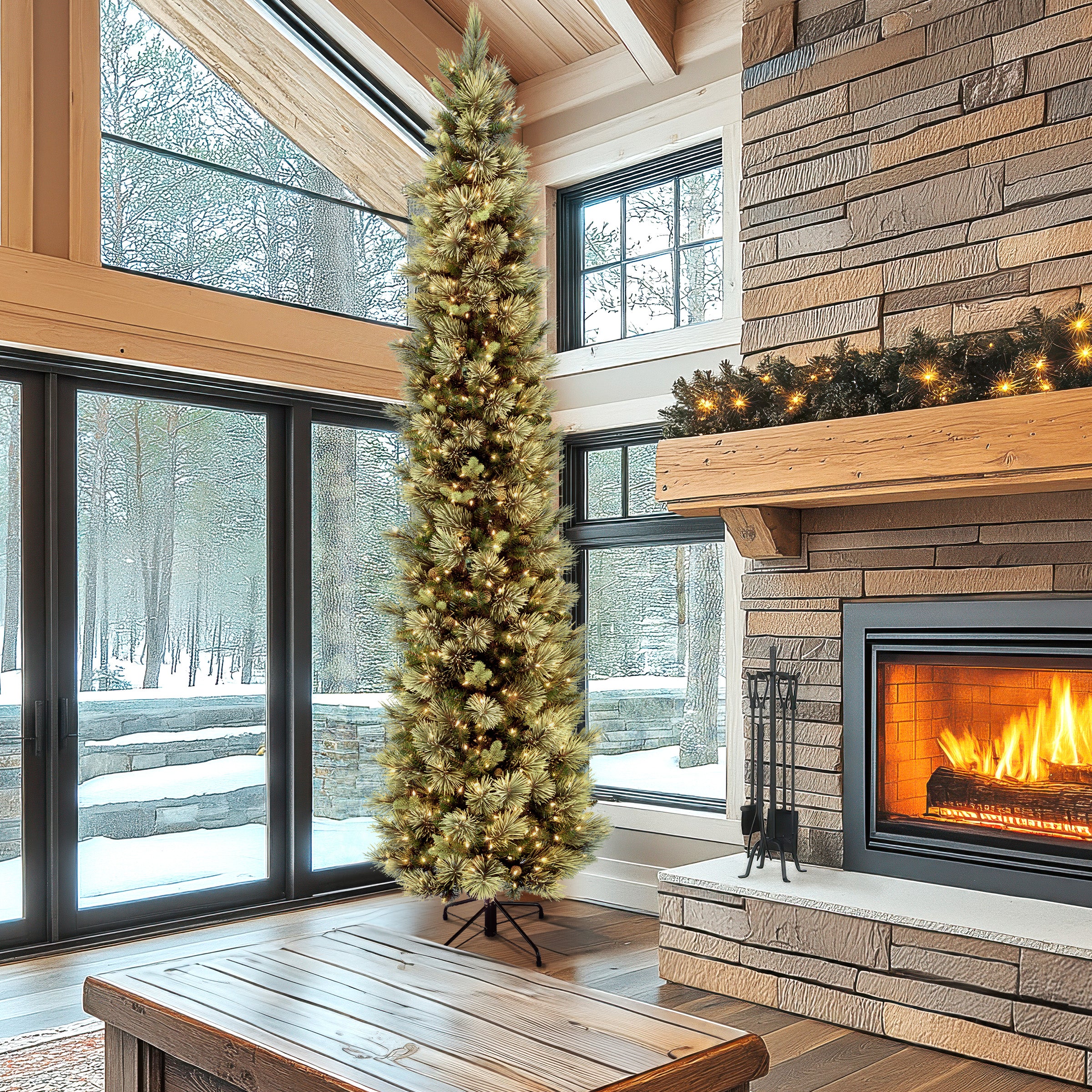 12 ft Pre-Lit Carolina Pine Slim Artificial Christmas Tree with Clear Lights - Perfect for Living Room, Office & Holiday Decor