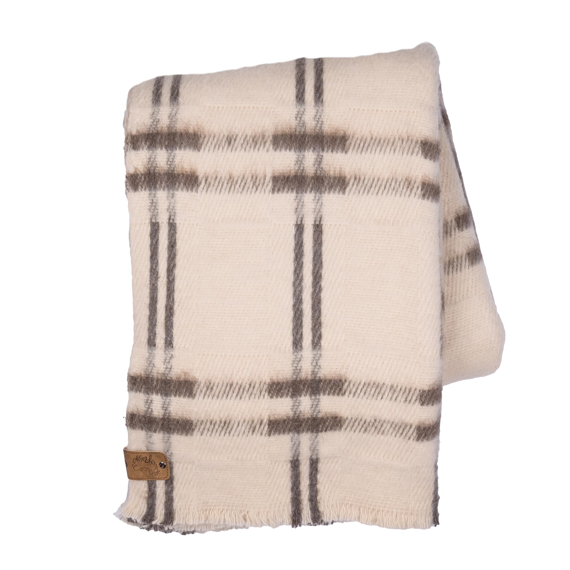 Premium Ritzy Juniper Heavyweight Unbleached Wool Blanket - Natural Cream & Brown Plaid, 60