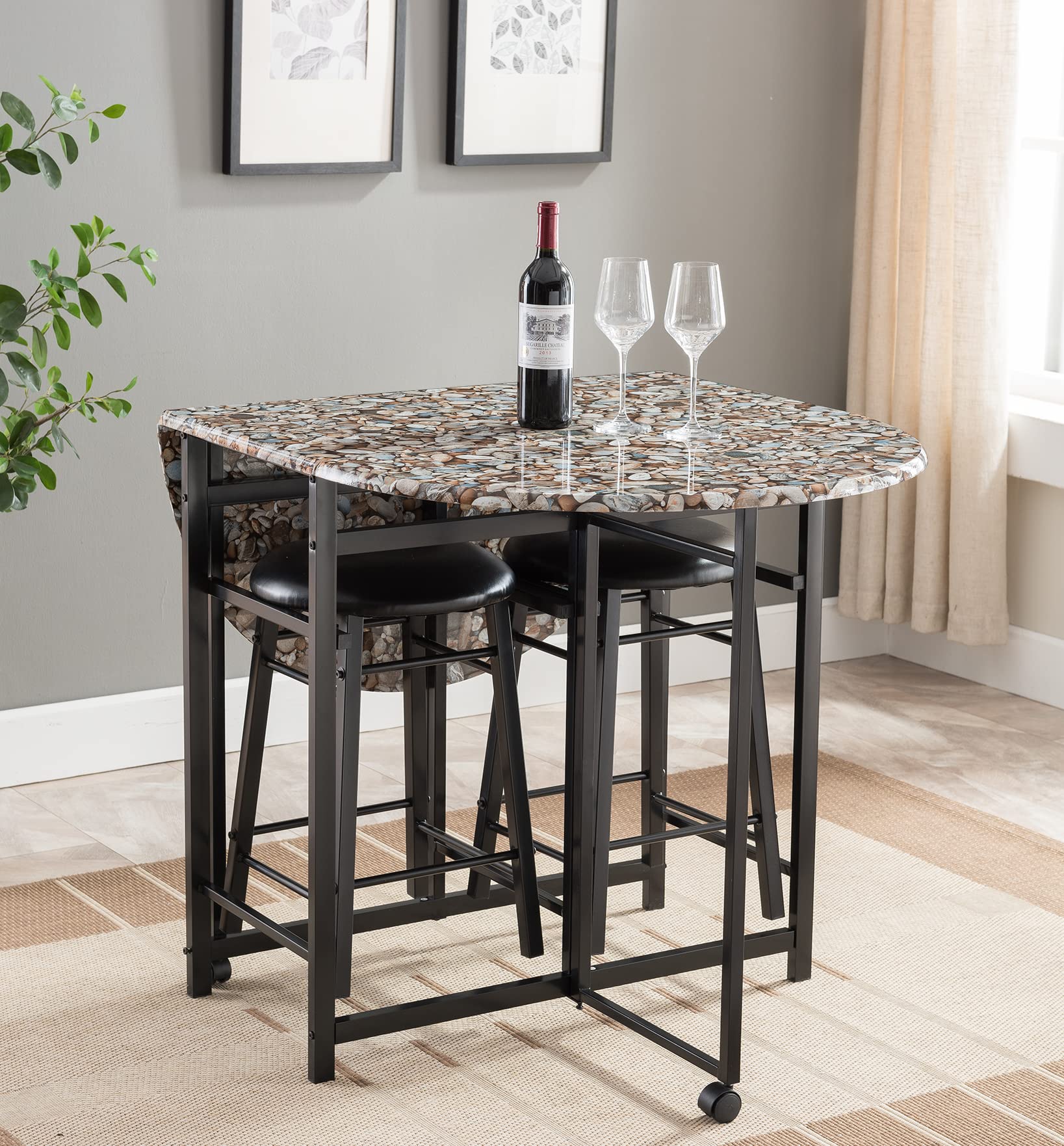 KB Designs - 3-Piece Breakfast Bar & Pub Table Set for Kitchen & Dining Room - Black & Marble Finish - Perfect for Small Spaces, Apartments & Entertaining Guests