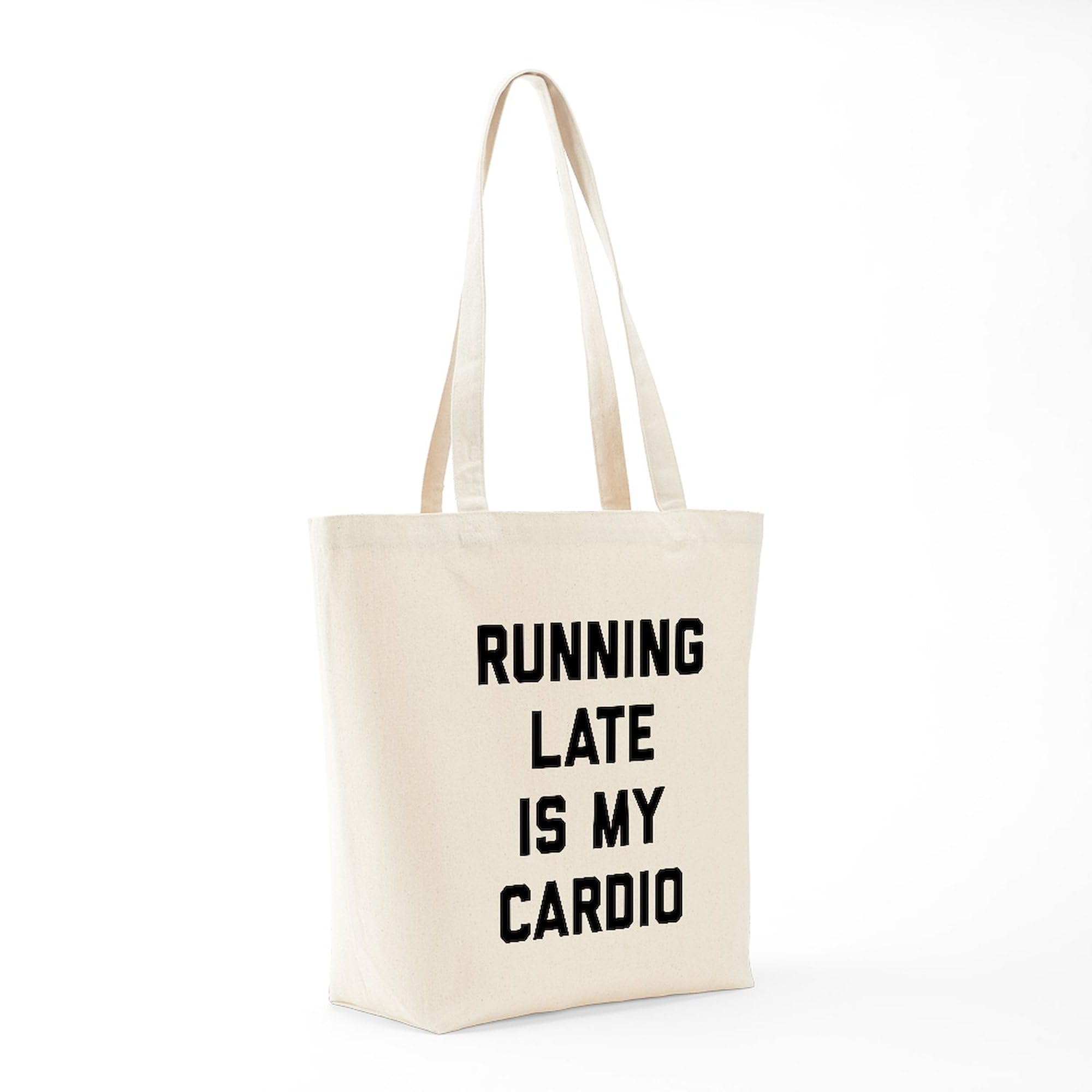 Running Late Is My Cardio Tote Bag - Natural Canvas Reusable Shopping Bag for Gym, Work & Groceries | Funny Gym Bag for Women & Men
