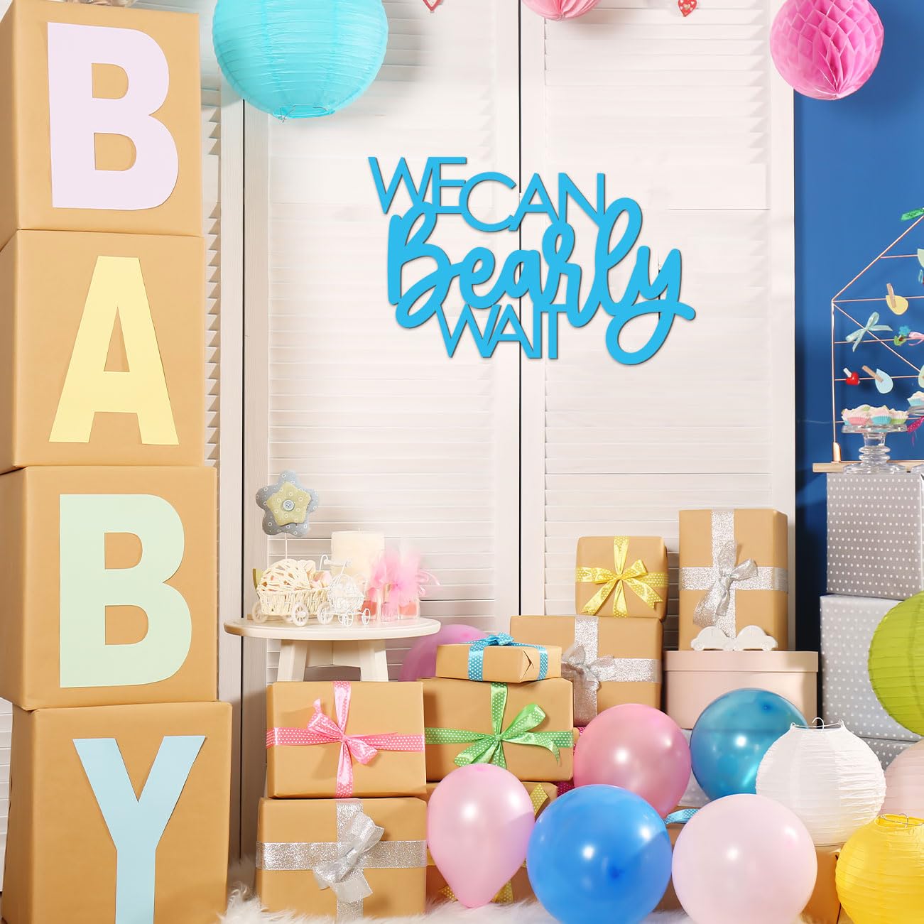 Blue 'We Can Bearly Wait' Wooden Sign - Teddy Bear Baby Shower Decor for Boys, Gender Reveal Party, Nursery Door Hanging & Photo Props - Perfect for Bear-Themed Baby Showers, Gender Reveal Parties & Nursery Decorations