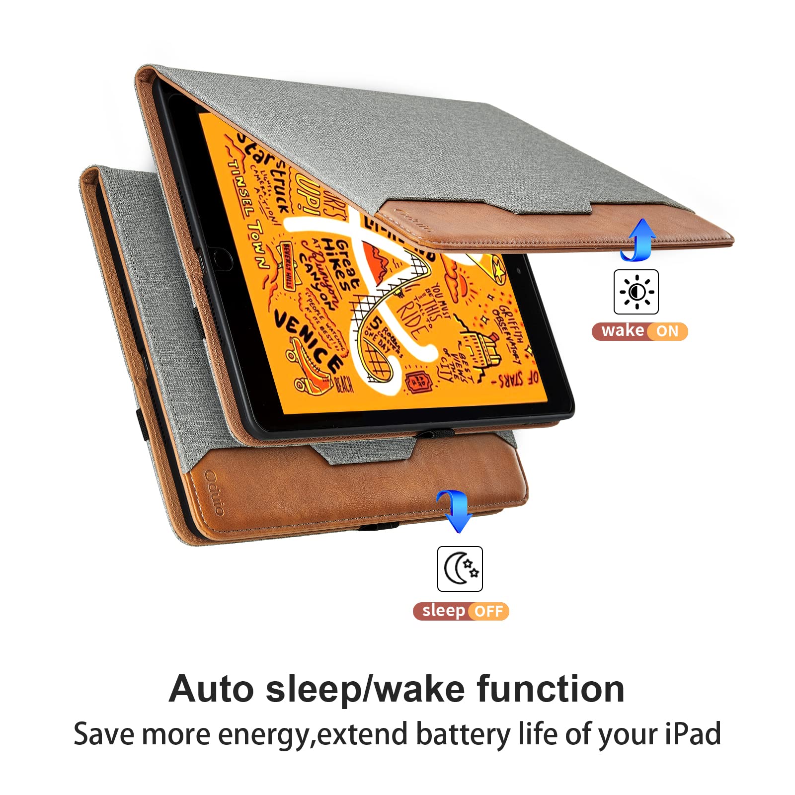 Premium PU Leather iPad Mini 5/4/3/2 Case (7.9-inch) with Hand Strap & Large Pocket - Auto Wake/Sleep Smart Cover - Gray - Perfect for Work, Travel & Home Use
