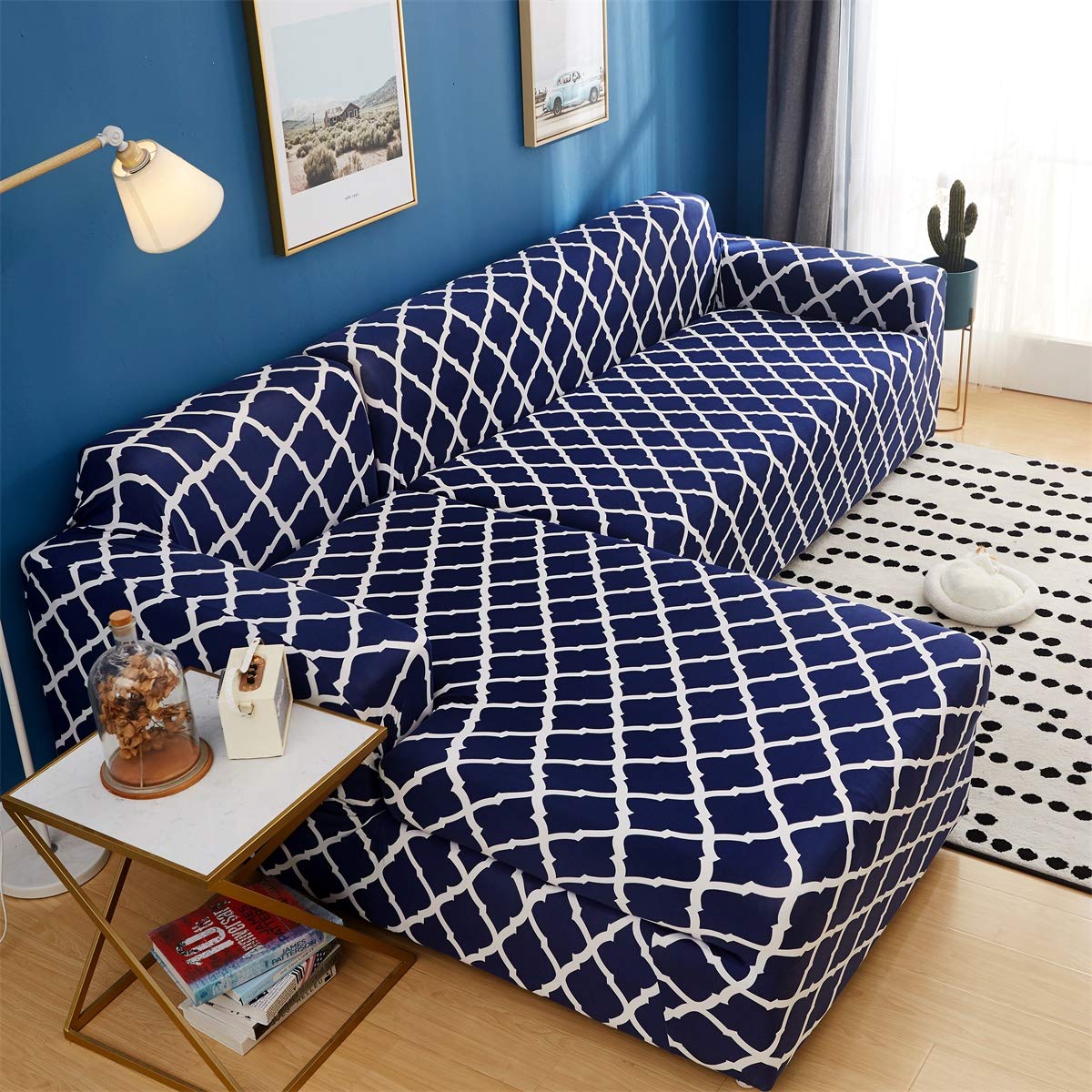 L-Shaped Sofa Slipcover - Anti-Slip, Stain Resistant Stretch Couch Cover for Sectional Couches (2+3 Seater, Navy Blue) with 2 Pillowcases - Perfect for Living Room, Family Room & Home Theater Furniture Protection