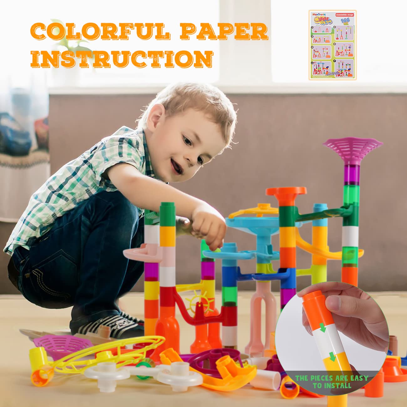 166Pcs Marble Run Building Blocks STEM Toy for Kids - Glow in The Dark Marble Maze Track Race Set with 30 Glass Marbles | Educational Learning Toys for Boys & Girls Ages 3-12 | Birthday Gift Idea for Indoor Play & STEM Activities