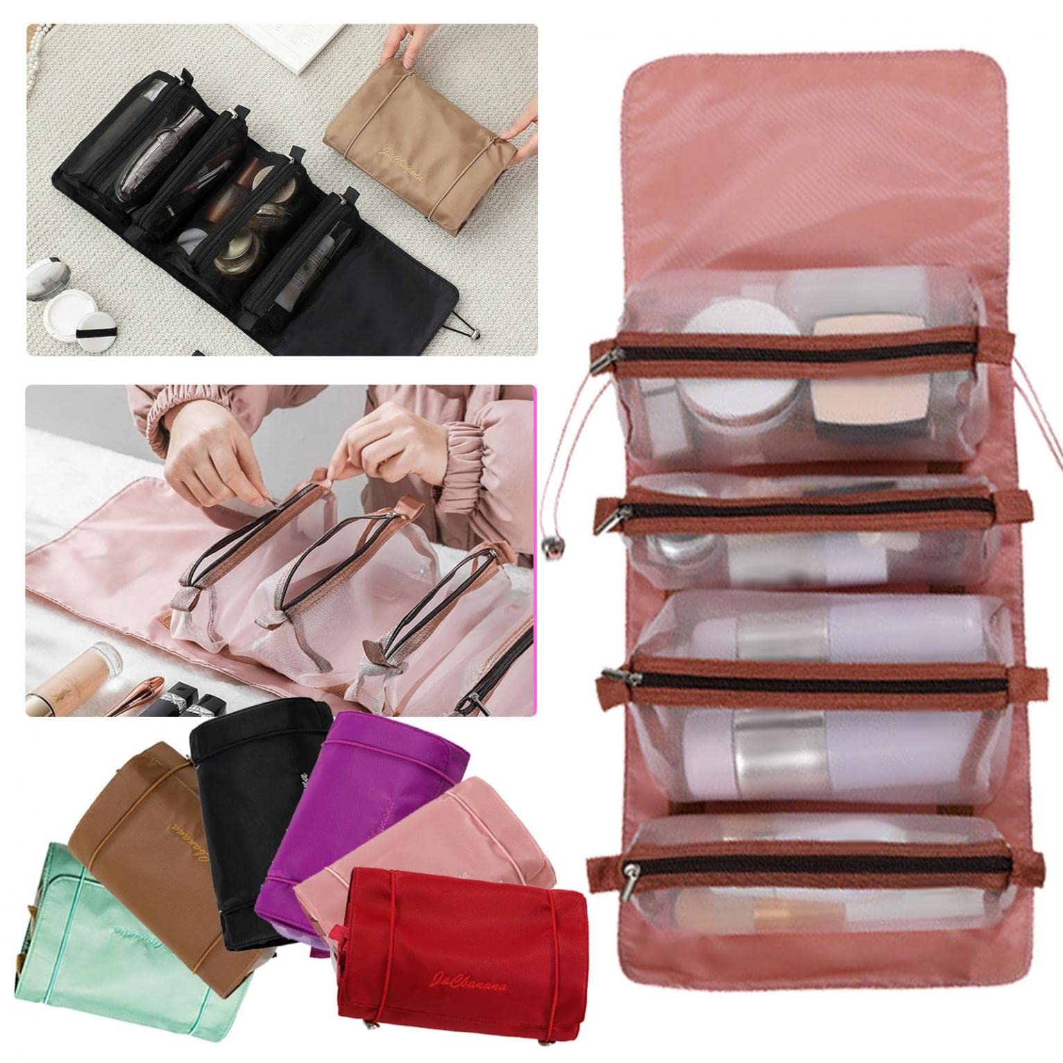 4 in 1 Foldable Makeup Bag with Removable Compartments - Travel Cosmetic Organizer, Mesh Toiletry Bag for Women - Perfect for Vacation, Gym & Daily Essentials Storage