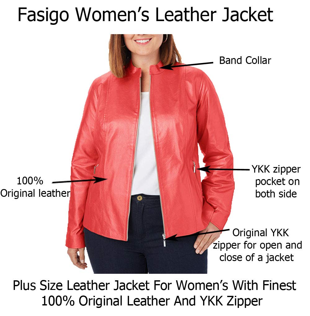 Women's Plus Size Leather Jacket with Band Collar - Premium Genuine Leather Biker Style Coat for Curvy Ladies | Perfect for Casual Outfits, Motorcycle Riding & Fall Fashion