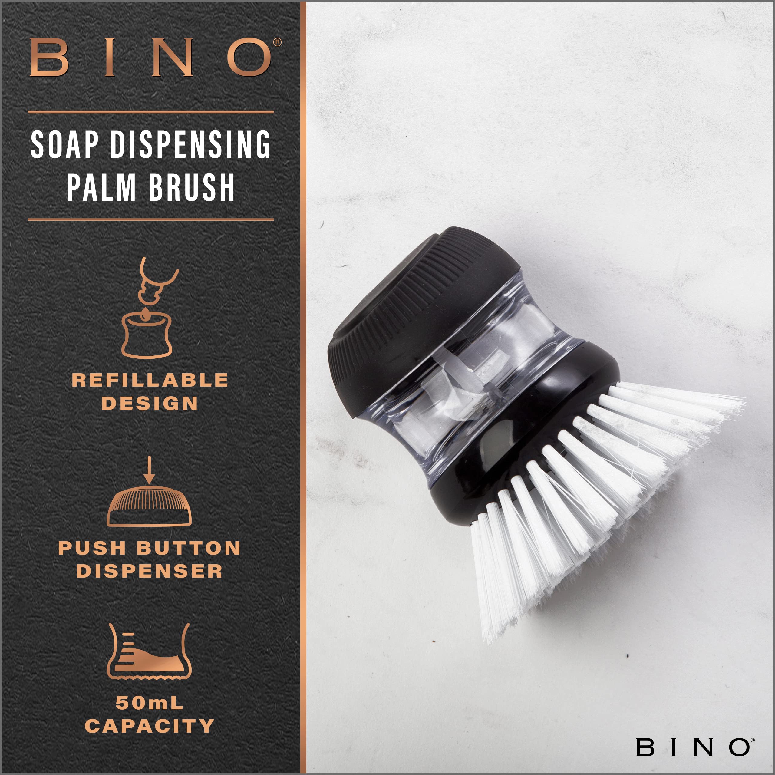 BINO Palm Soap Dispenser Brush - Round Dish Scrubber with Refillable Design | Nylon Cleaning Brush for Kitchen, Sink & Household Dishwashing | Perfect for Pots, Pans, Plates & Utensils Cleaning