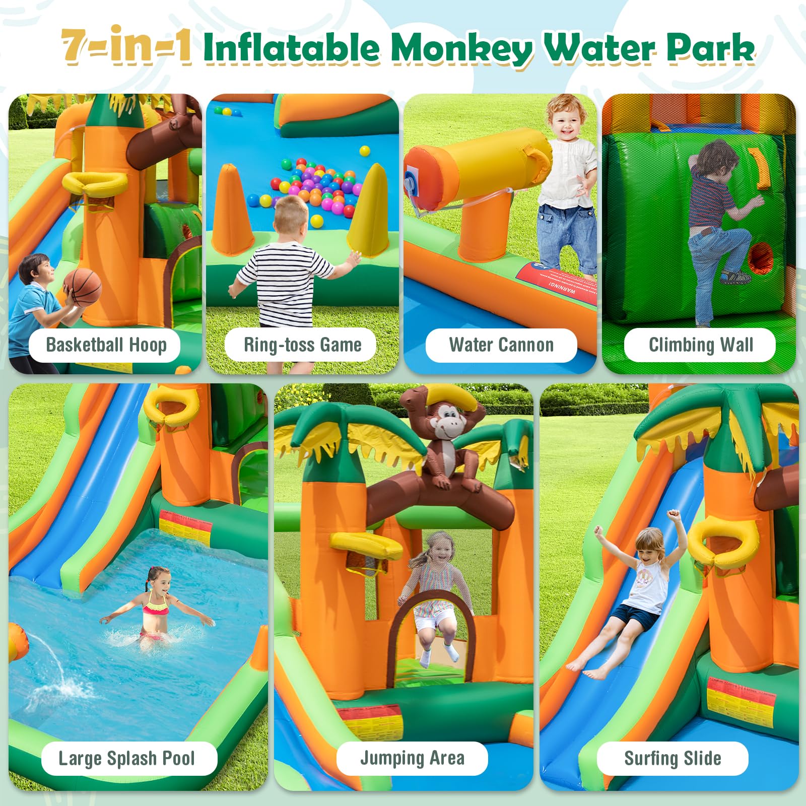 BOUNTECH Inflatable Water Slide with Splash Pool - Jungle Monkey Bounce House for Kids Outdoor Play, 680W Blower Included | Perfect for Backyard Parties, Summer Fun, and Birthday Gifts | Durable Water Slides Inflatables for Big Kids and Family Gatherings