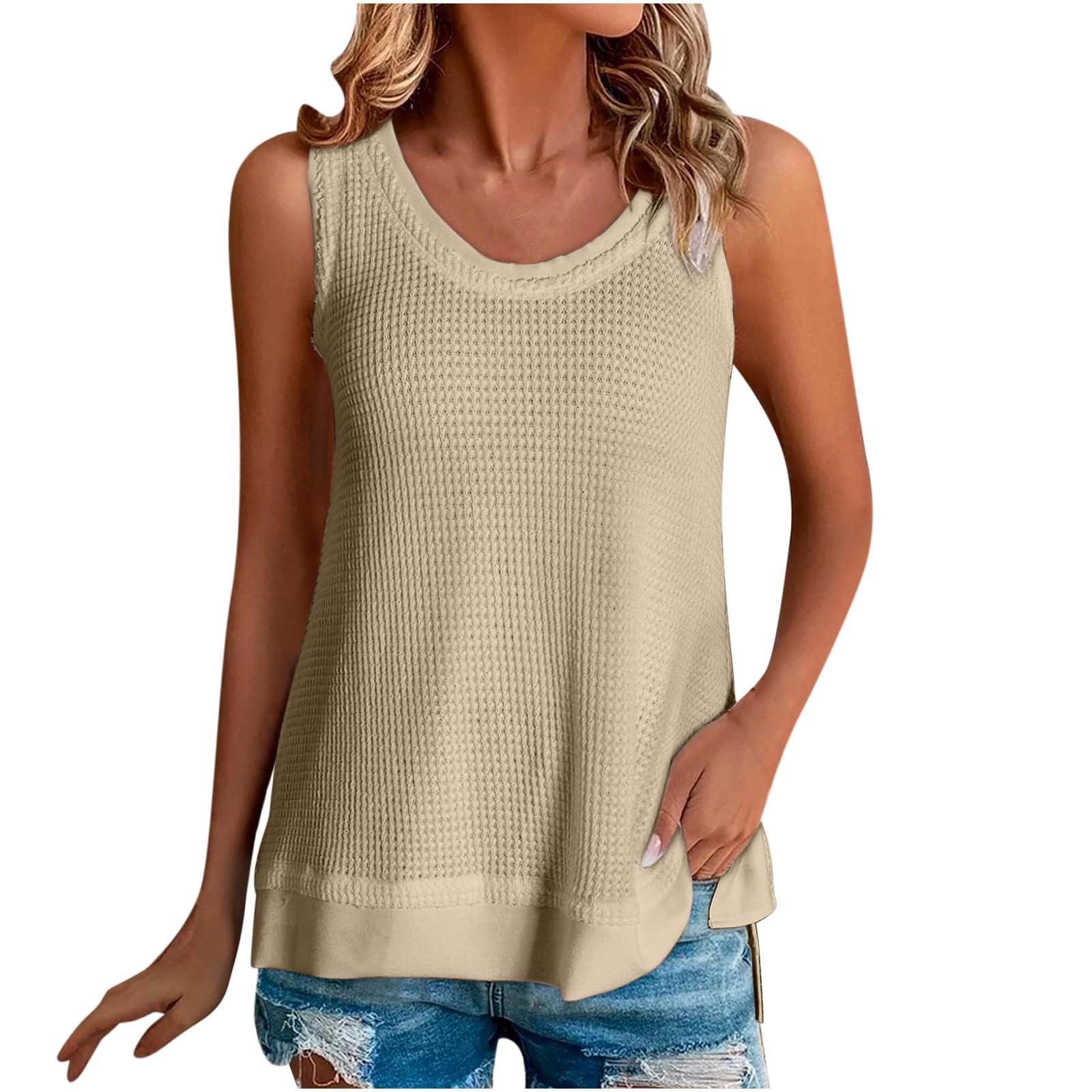 Women's Lastesso Tank Tops 2024 - Crewneck Sleeveless Relaxed Fit Shirts | Solid Color Waffle Knit Summer Beachwear | Perfect for Lounge, Vacation & Casual Outings