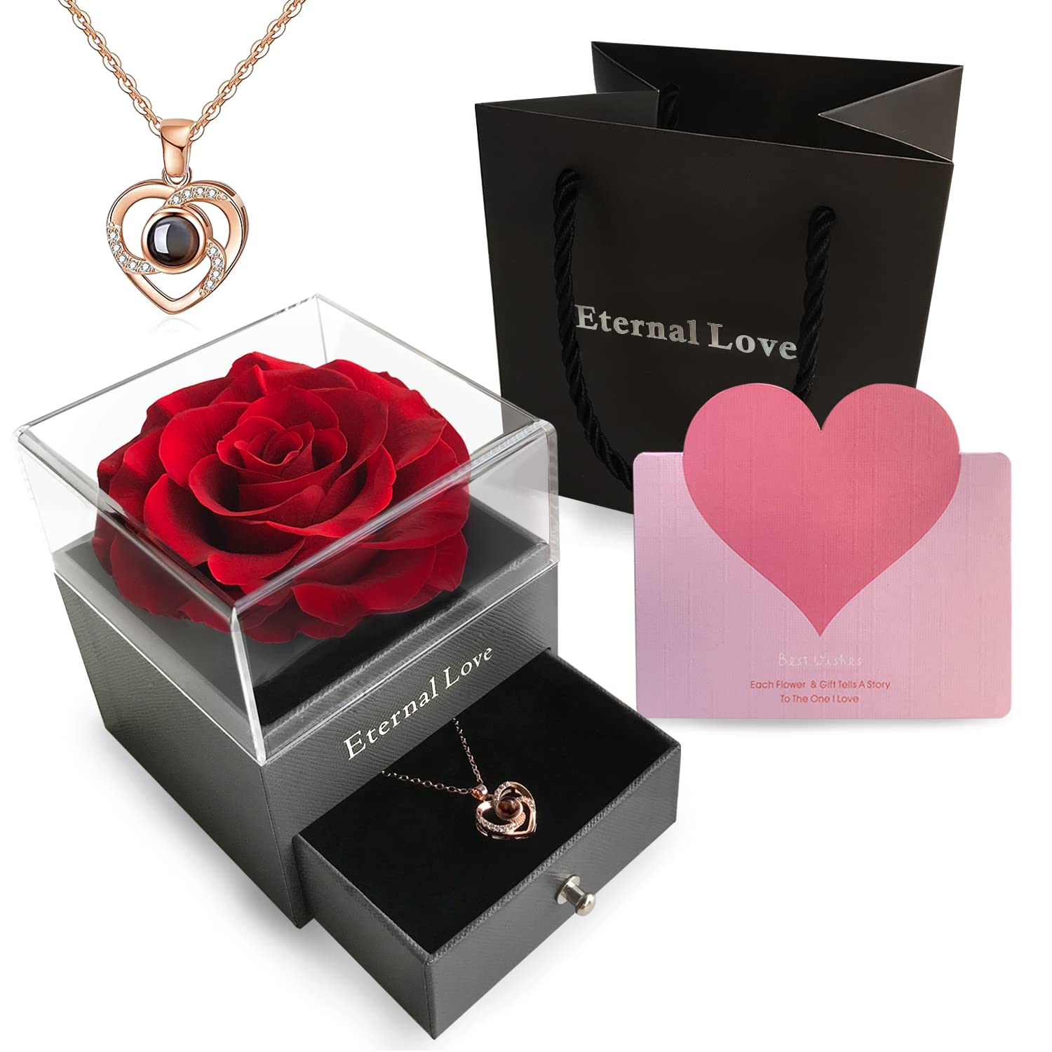 Real Preserved Rose Flower with 'I Love You' Necklace in 100 Languages - Romantic Valentine's Day, Mother's Day, Anniversary & Wedding Gift for Her | Perfect for Girlfriend, Wife & Mom | Home Decor & Special Occasion Present