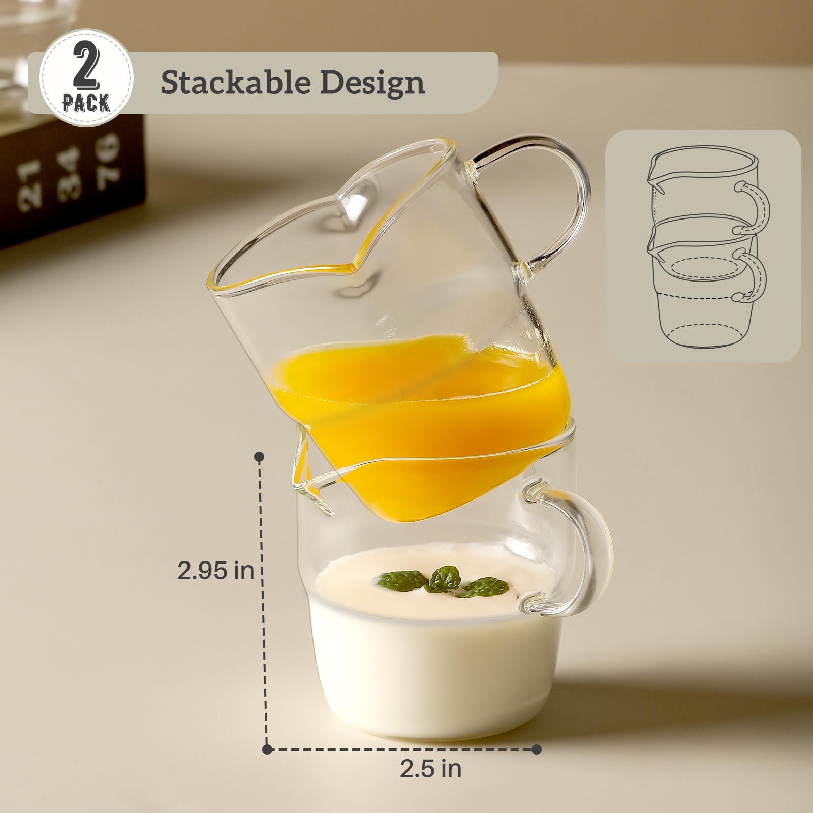 NETANY 6oz Espresso Cups Set of 2 - Double Spout Stackable Glass Mugs with Handle - Clear Coffee Shot Glasses for Espresso Machines & Coffee Bars - Perfect for Home Cafes, Restaurants & Gifts