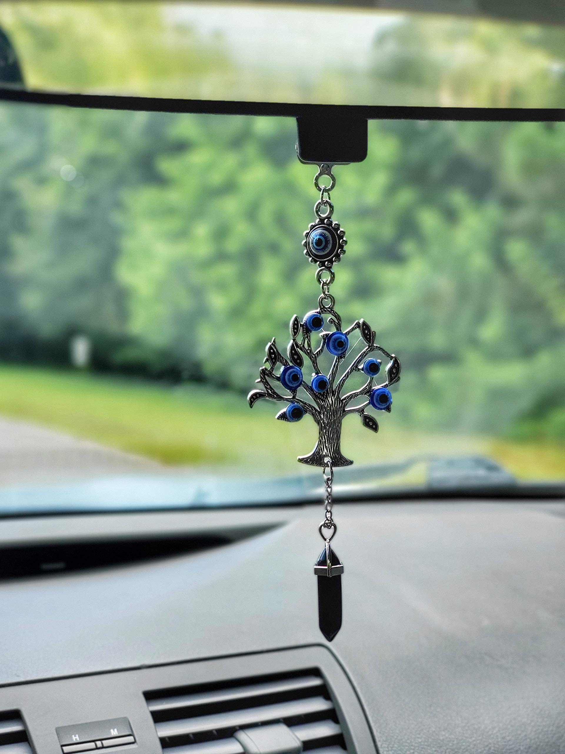LUCKBOOSTIUM Silver Tree of Life Pendant with Blue Evil Eye & Crystal Gemstone - Spiritual Amulet for Growth, Strength & Protection | Home Decor, Car Mirror Charm, Gift Idea (2.2x7 Inches, Black Stone) - Perfect for Meditation, Office Feng Shui & Travel Protection