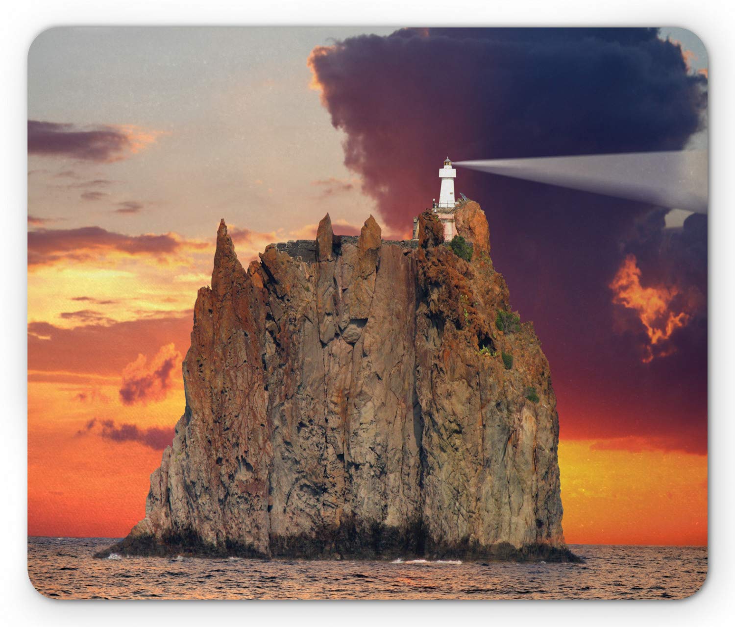 Lunarable Lighthouse Mouse Pad - Stromboli Lighthouse Italy Mediterranean Scenic Design with Colorful Cloudy Sky, Non-Slip Rubber Base, Standard Size (Brown Orange Blue) - Perfect for Office, Gaming & Home Computer Use