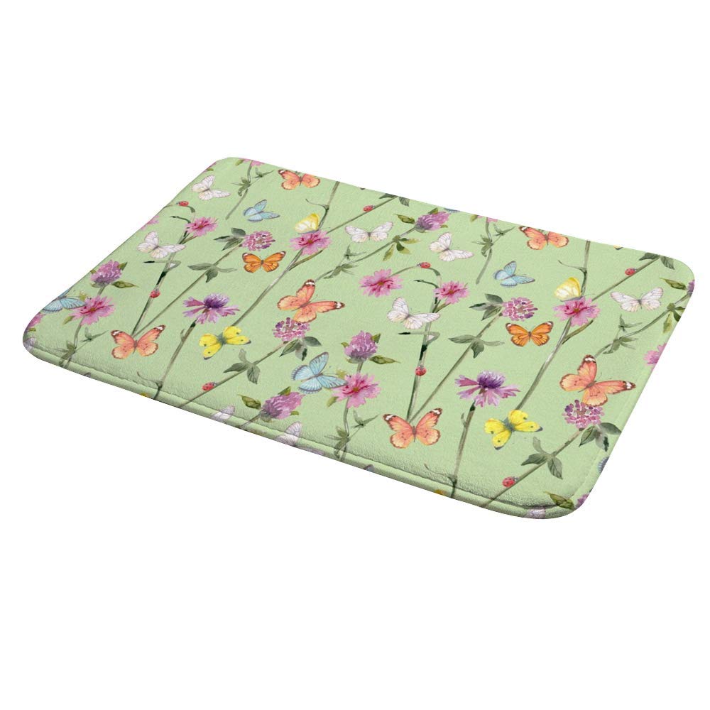 Non-Slip Memory Foam Bath Mat - Soft Rubber Back, Fast Drying, Machine Washable - 36 x 24 Inch Ladybug Meadow Flowers Design - Perfect for Hotel & Home Bathroom Decor