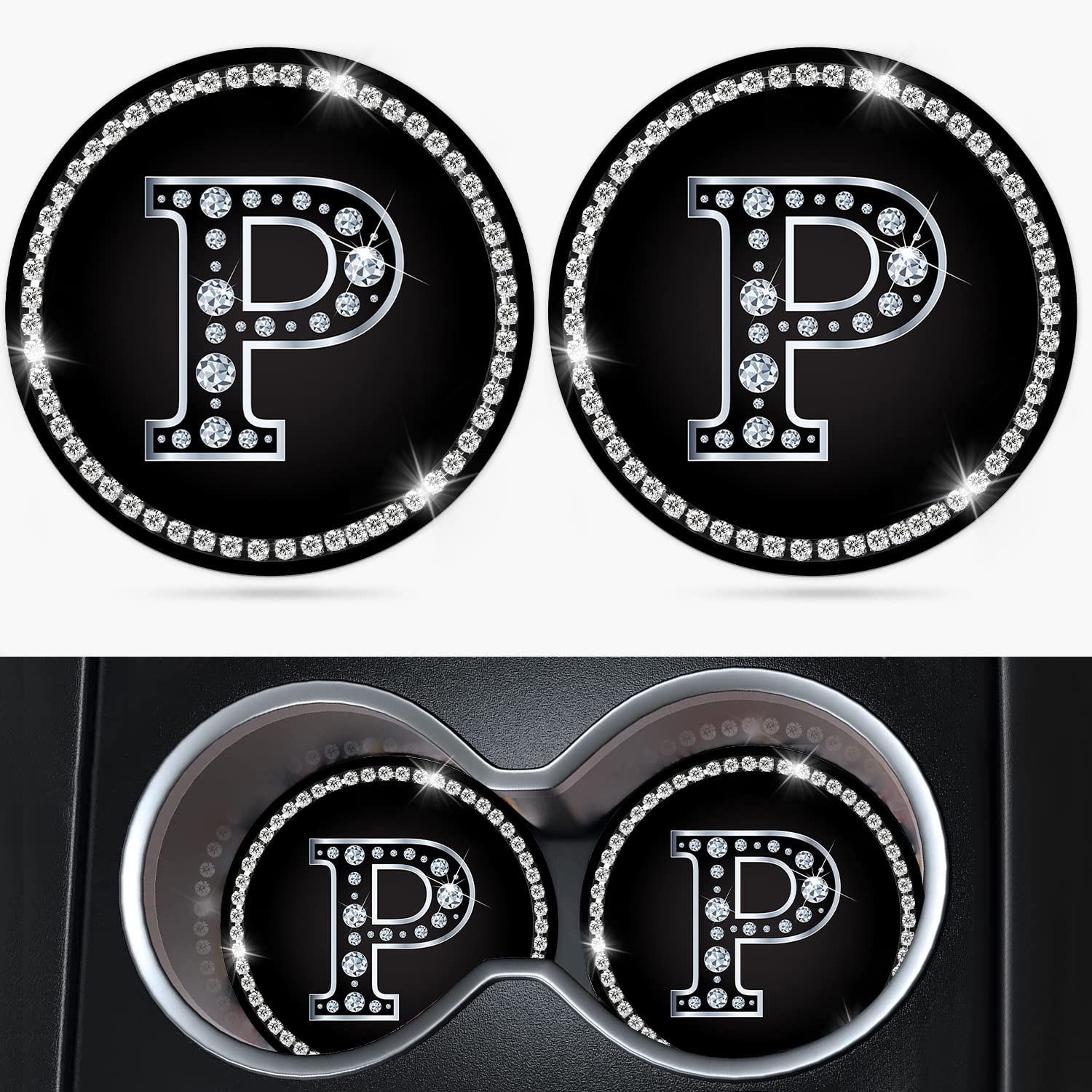 Jupswan A-Z Car Cup Holder Coaster Set of 2 - Letter P Initial Design with Bling Crystal Rhinestones | Silicone Non-Slip Drink Coasters for Cars | Perfect Automotive Accessories Gift for Women & Men | Ideal for Road Trips, Commuting & Daily Use (DZ0730-13)