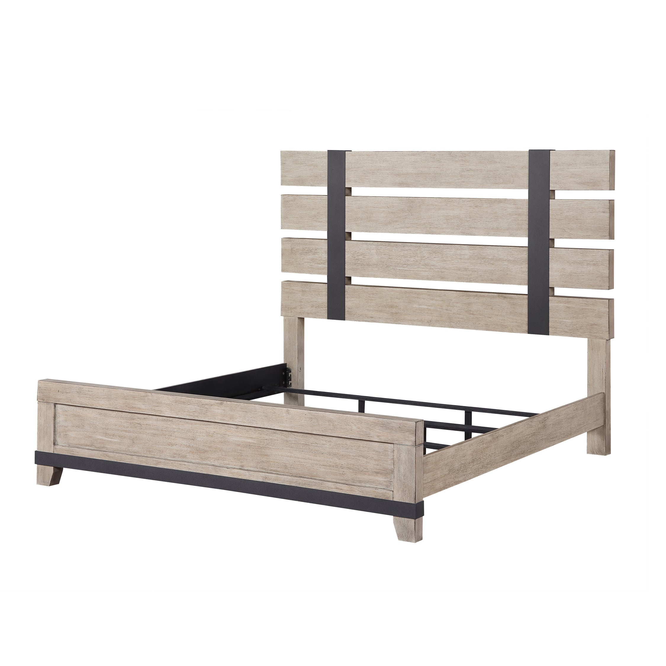 Arbela Wood Slatted Panel Bed - Queen Size, Weathered Oak Finish, Solid Wood Frame, Modern Farmhouse Style - Perfect for Bedroom, Guest Room, and Home Decor