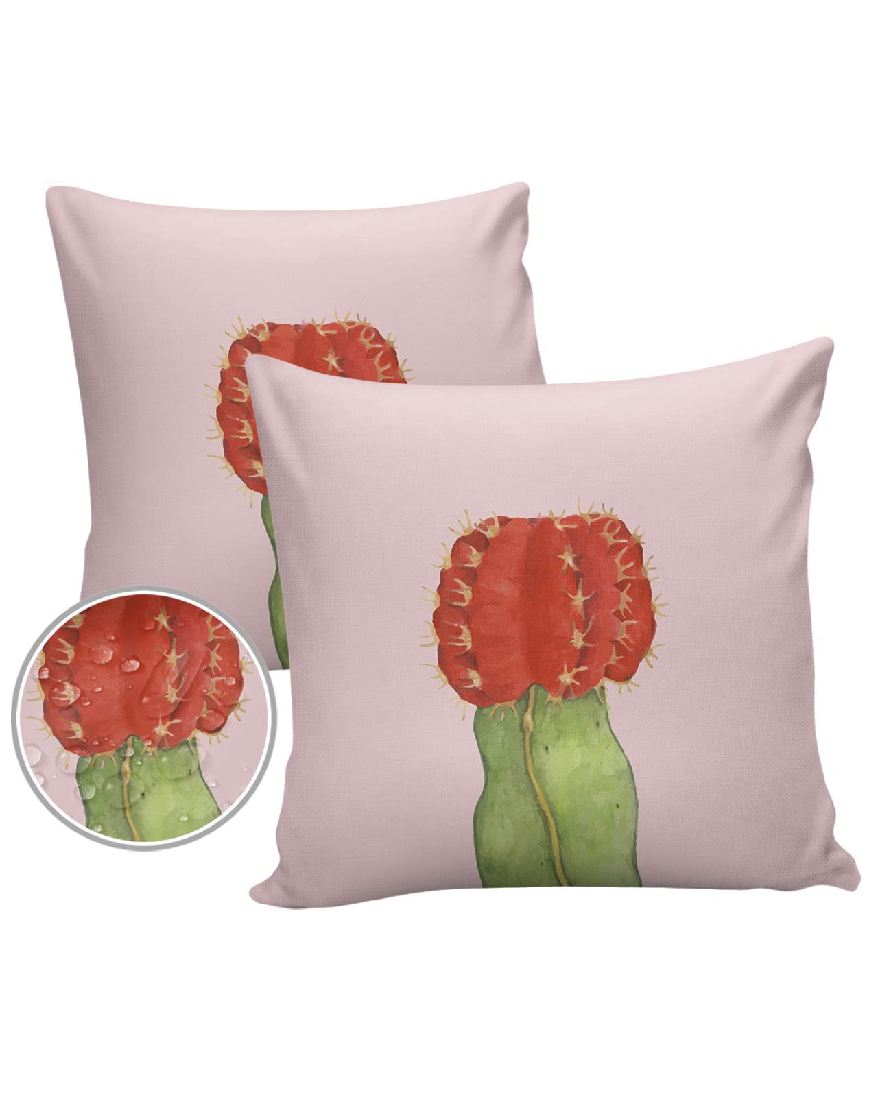 Waterproof Outdoor Throw Pillow Covers 18x18 Inch Set of 2 - Flowering Cactus Design Zippered Decorative Cushion Covers for Patio, Sofa & Garden Furniture - Red Bloom Watercolor Pink - Perfect for Outdoor Decor, Backyard Lounge & Poolside Relaxation