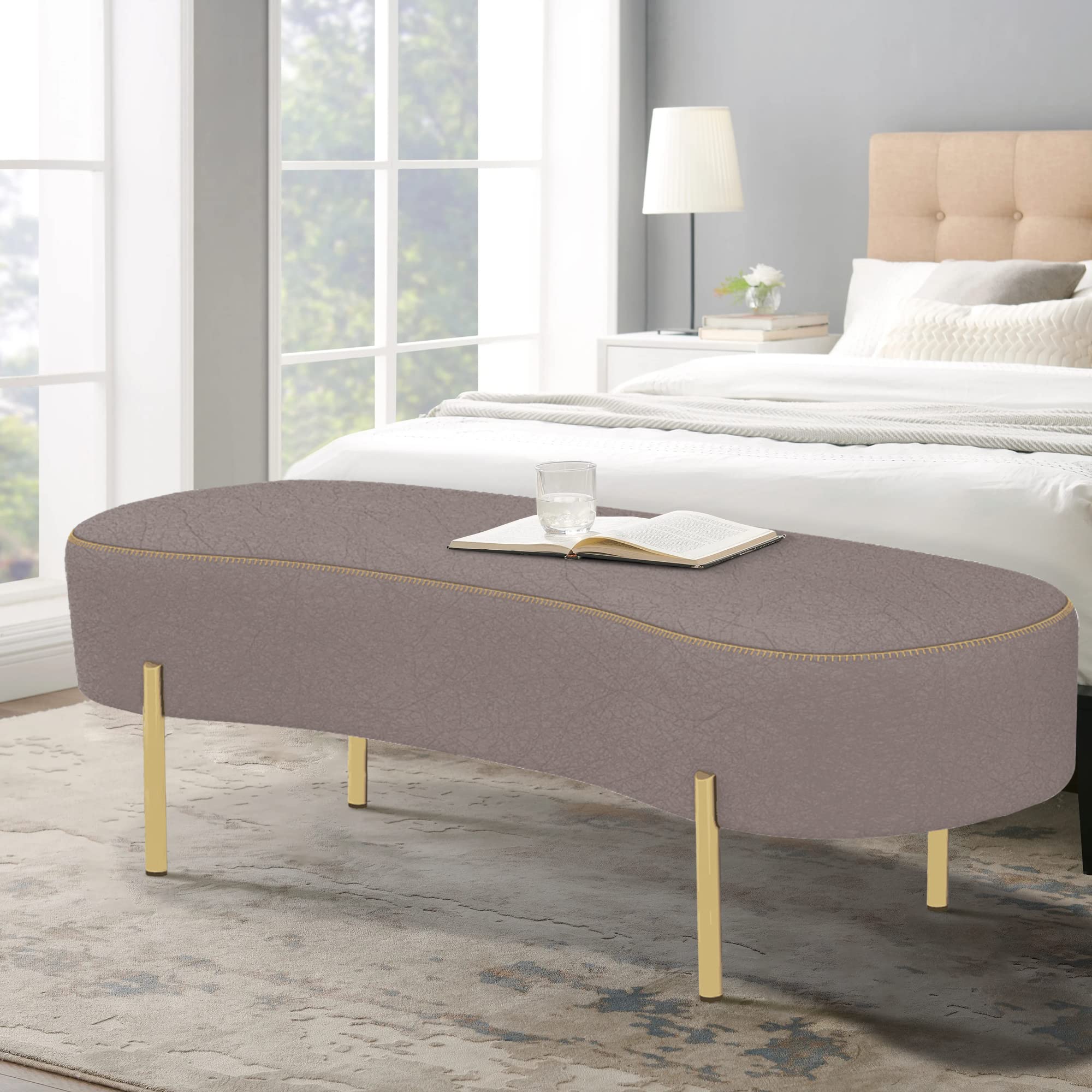 ALISH Modern Upholstered Accent Bench with Gold Legs - Ottoman, Bed & Entryway Bench for Living Room & Bedroom - Reddish Brown - Perfect for Hallway Seating, Bedroom Decor & Entryway Furniture