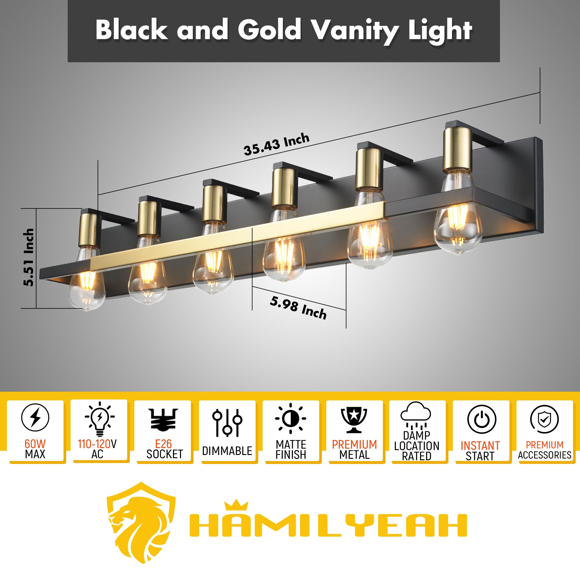 Hamilyeah 36 Inch 6-Light Bathroom Vanity Light Fixture - Black and Gold Wall Sconce with 6 Bulbs, Over Mirror Lighting for Bathroom, Living Room, Bedroom & Dressing Area | Modern Home Decor Lighting Solution