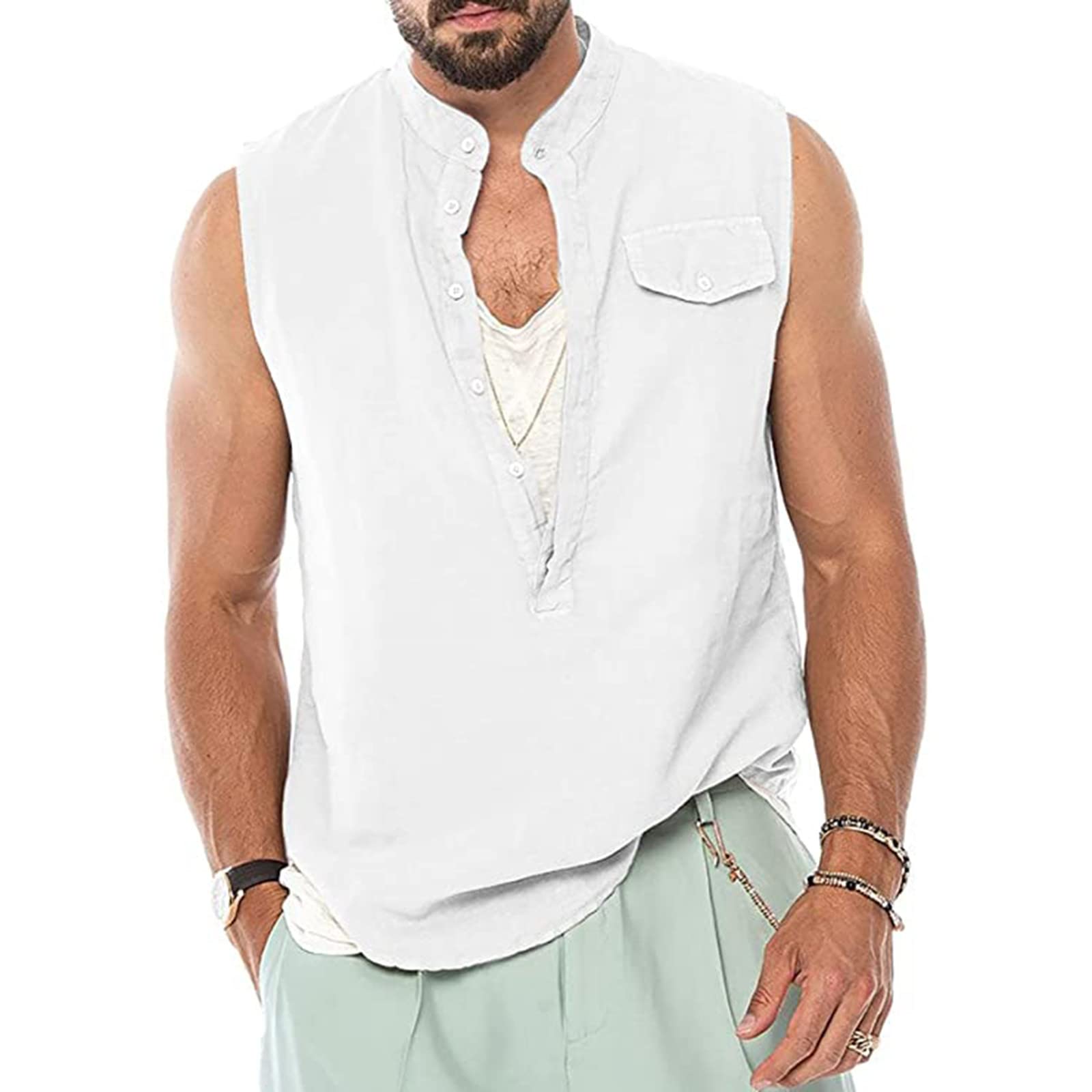 Maryia Men's Linen Cotton Sleeveless V-Neck Tunic Shirt - Breathable Summer Beach Top for Casual Wear, Hippie Style, Punk Fashion & Button Down Blouse