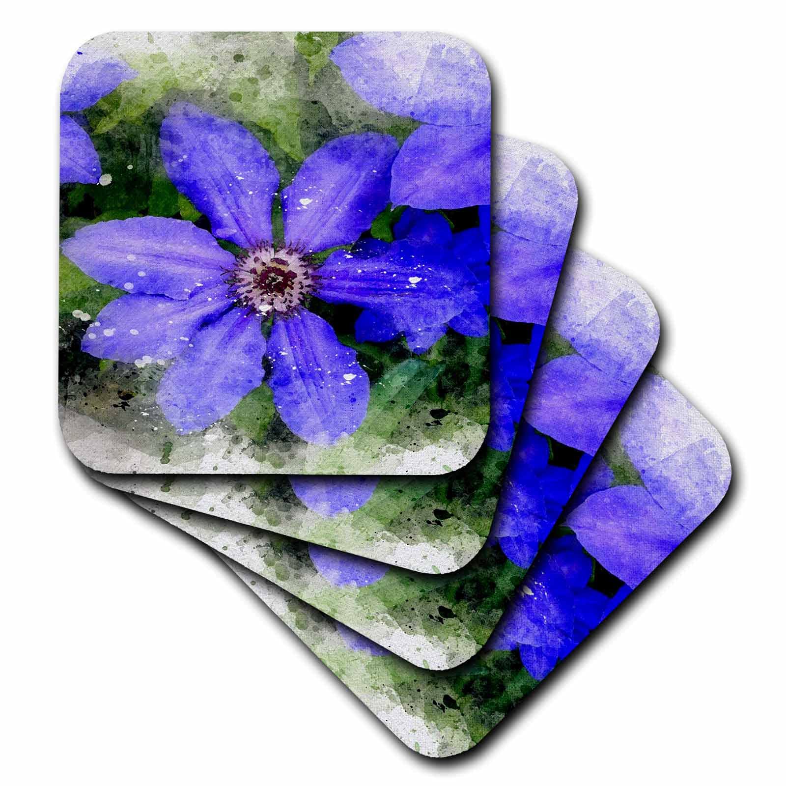 3D Rose Bright Purple Blue Flower Watercolor Coasters Set of 4 - Absorbent Ceramic Drink Coasters for Coffee, Tea & Wine - Beautiful Home Decor for Kitchen, Dining Table & Office