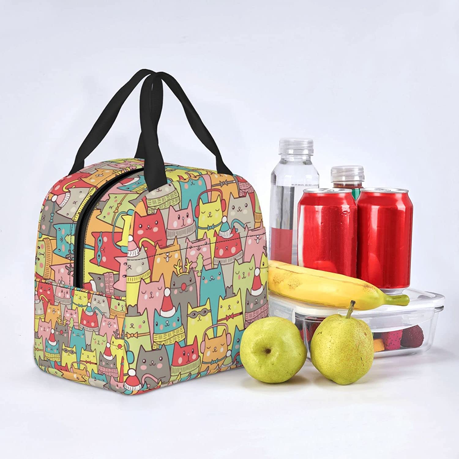 Giwawa Cute Cat Lunch Warmer Bag - Portable Reusable Insulated Lunch Box with Zipper & Front Pocket, Cat Head Design for Women, Men & Kids - Perfect for Picnics, School, Office & Outdoor Activities