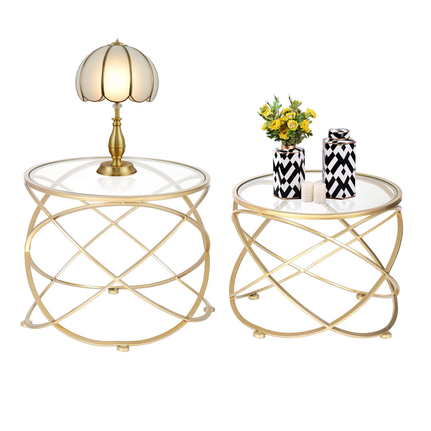 Joveco 2-Piece Spiral Gold Side Tables with Glass Top - Elegant Nesting End Tables for Living Room, Bedroom & Entryway - Perfect as Coffee Table, Nightstand or Stool - Modern Home Decor Accent Furniture