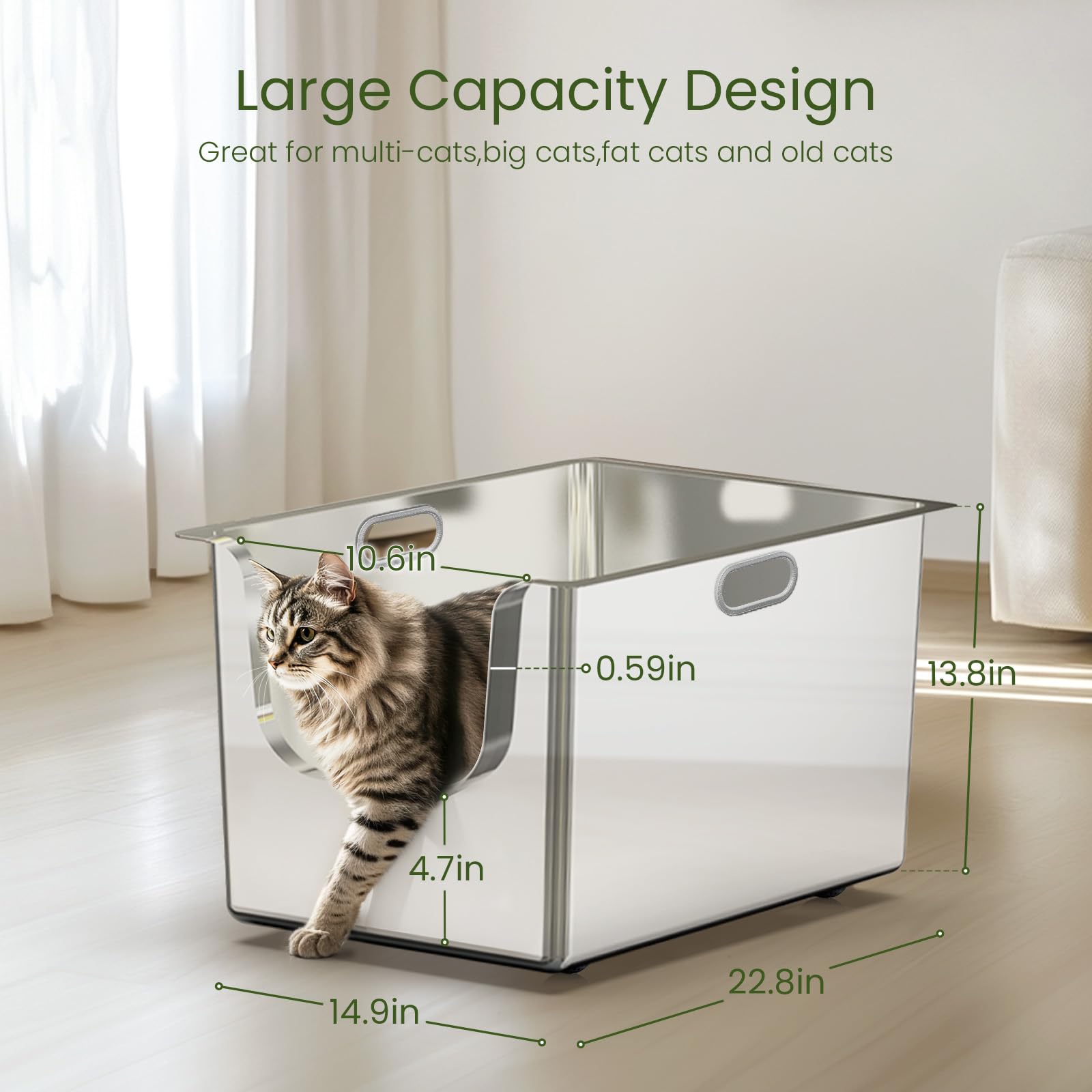 XL Stainless Steel Cat Litter Box - 13.8'' High Sides with 4.7'' Curved Low Entry | Large Metal Litter Pan for Multiple Cats | Easy-Move Design with Wheels | Perfect for Homes with Big Cats & Kittens | Durable & Odor-Resistant Pet Accessory