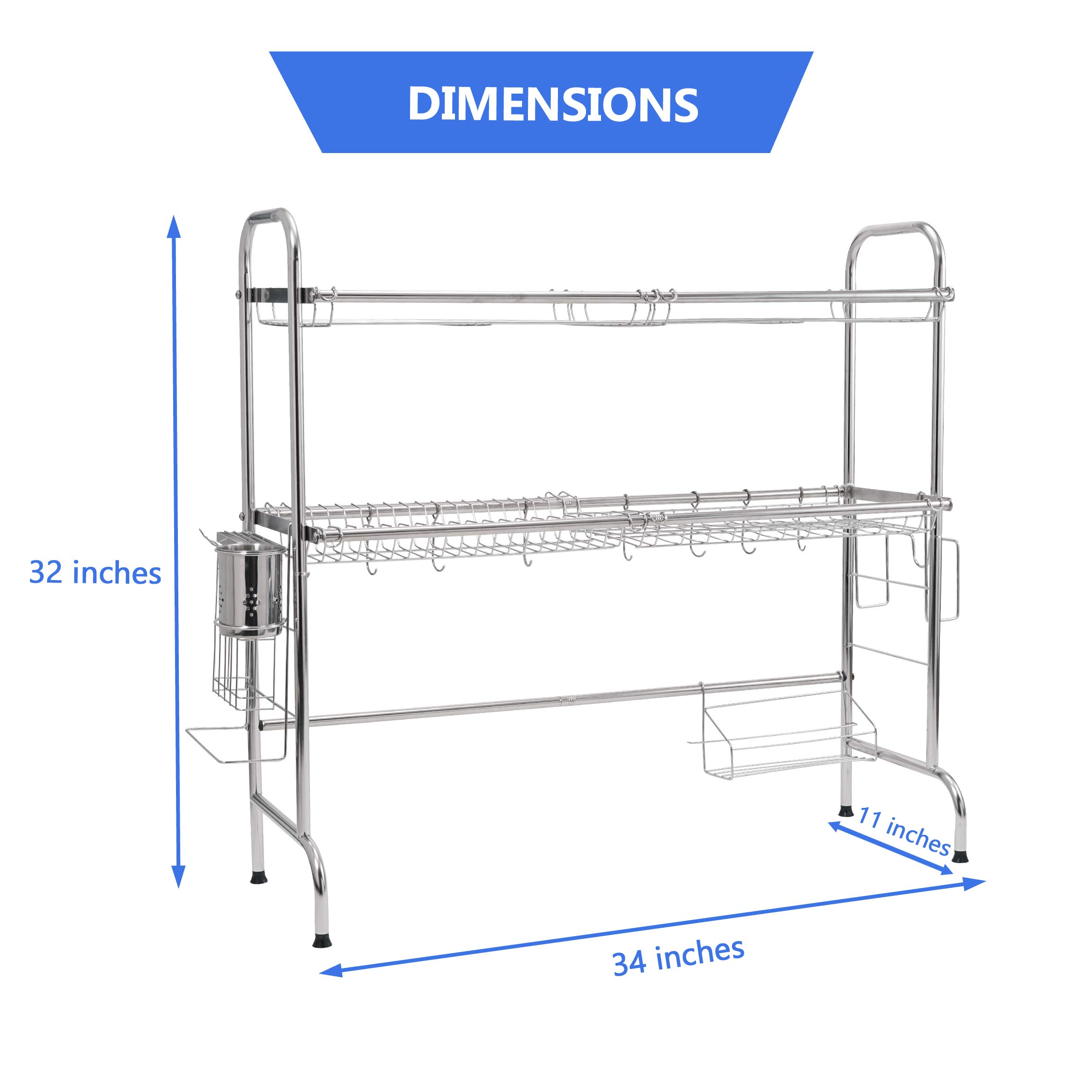 2-Tier Stainless Steel Over The Sink Dish Drying Rack with Non-Slip Feet - Large Kitchen Counter Utensil Drainer & Organizer for Plates, Pots, Cutting Boards - Perfect for Small Kitchens & Apartment Living