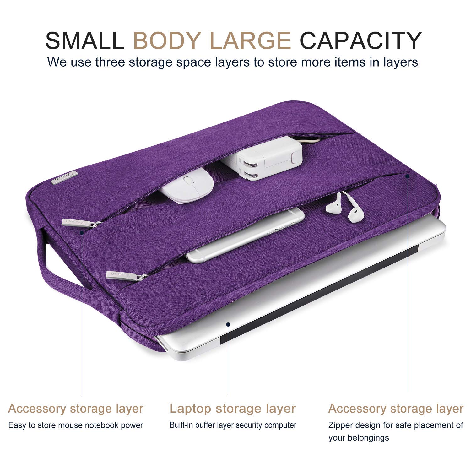 Voova 13.6 Inch Waterproof Laptop Sleeve Case - Compatible with MacBook Air, MacBook Pro, Surface Laptop, Surface Pro & iPad Pro - Protective Computer Bag for Work, School & Travel (Purple)