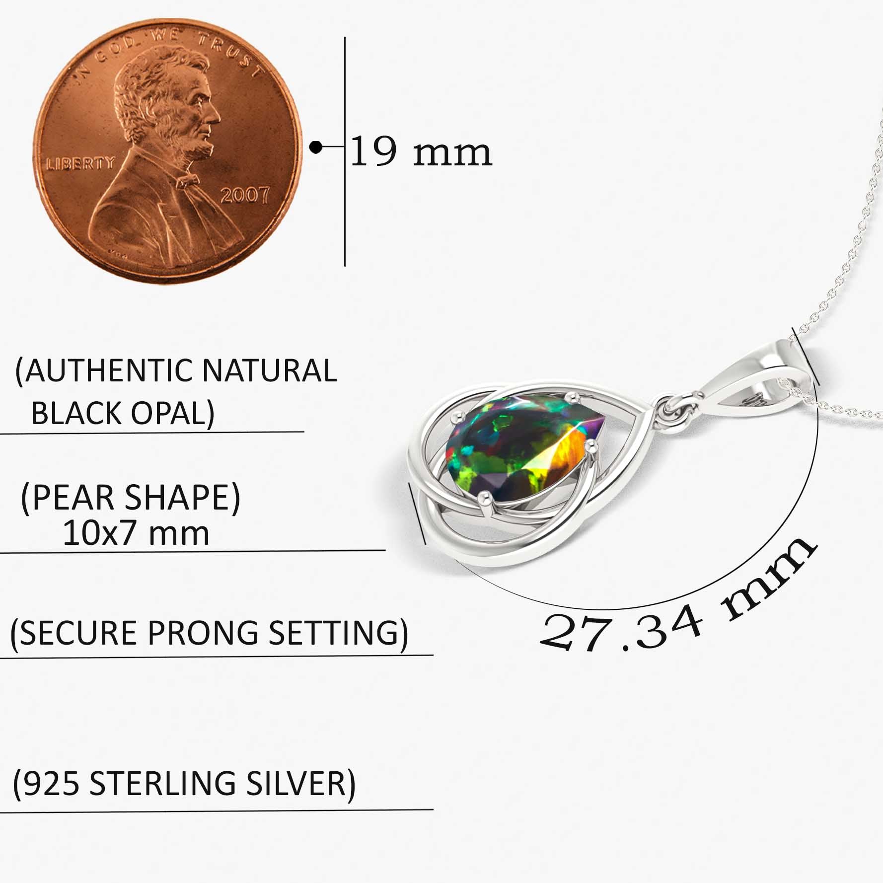 Natural Black Opal Solitaire Pendant Necklace - Pear Shape Opal Jewelry for Women, 925 Sterling Silver Chain, Gift for Her, Perfect for Weddings, Parties & Special Occasions