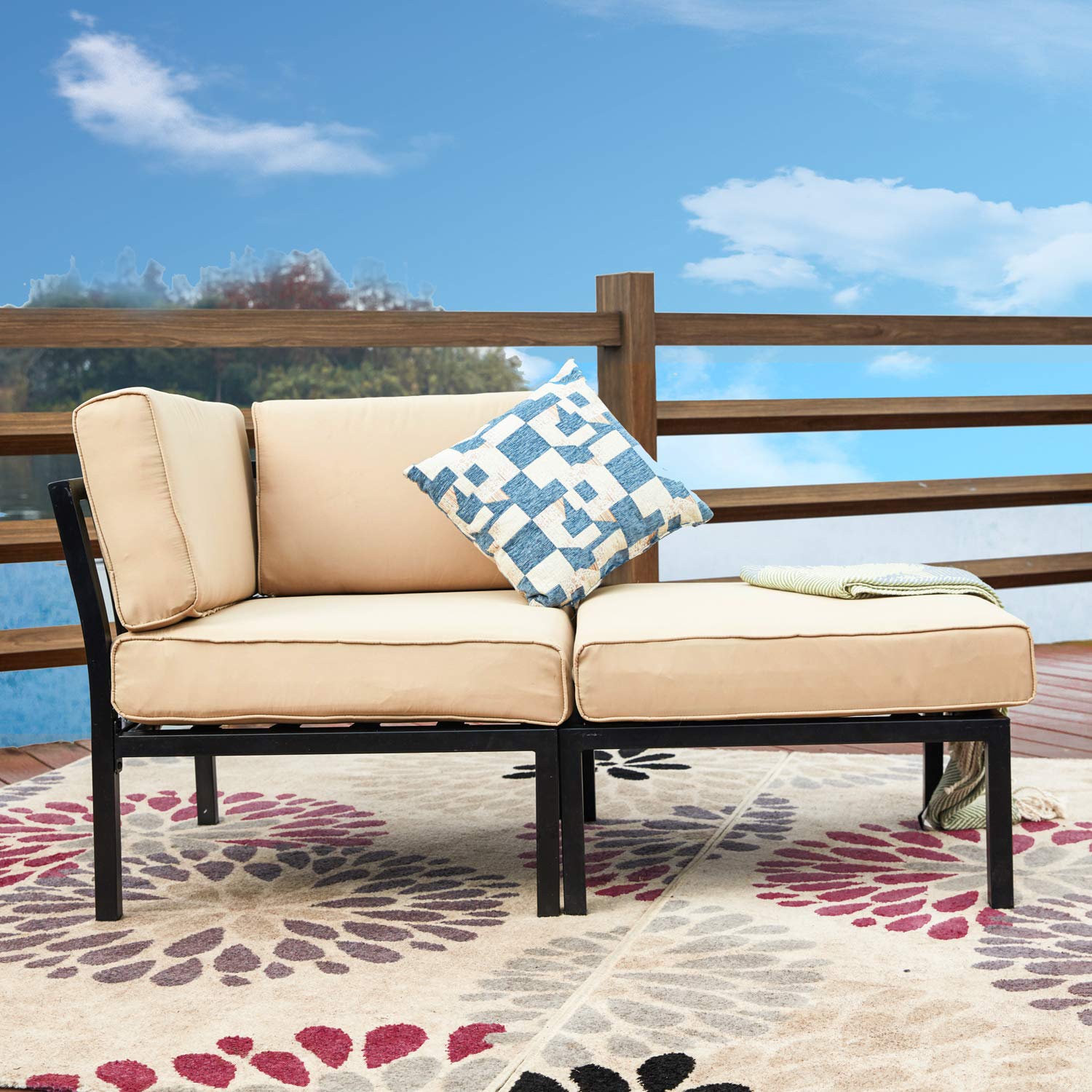 LOKATSE HOME 2-Piece Outdoor Patio Furniture Set - Waterproof Wicker Conversation Chairs with Corner Sofa & Ottoman, Khaki - Perfect for Garden, Poolside & Backyard Relaxation
