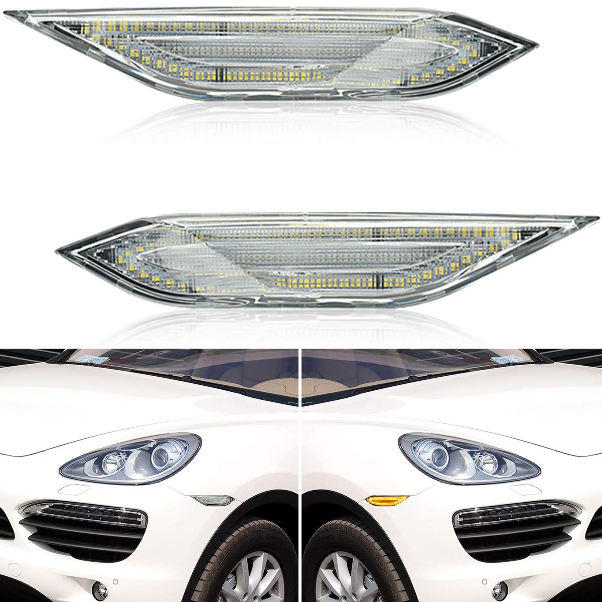 2011-2014 Porsche 958 Cayenne LED Side Marker Lights - Clear Lens Amber Turn Signal & Xenon White Running Lights | Waterproof Durable Replacement for Front Position Lights | Perfect for Night Driving & Car Customization