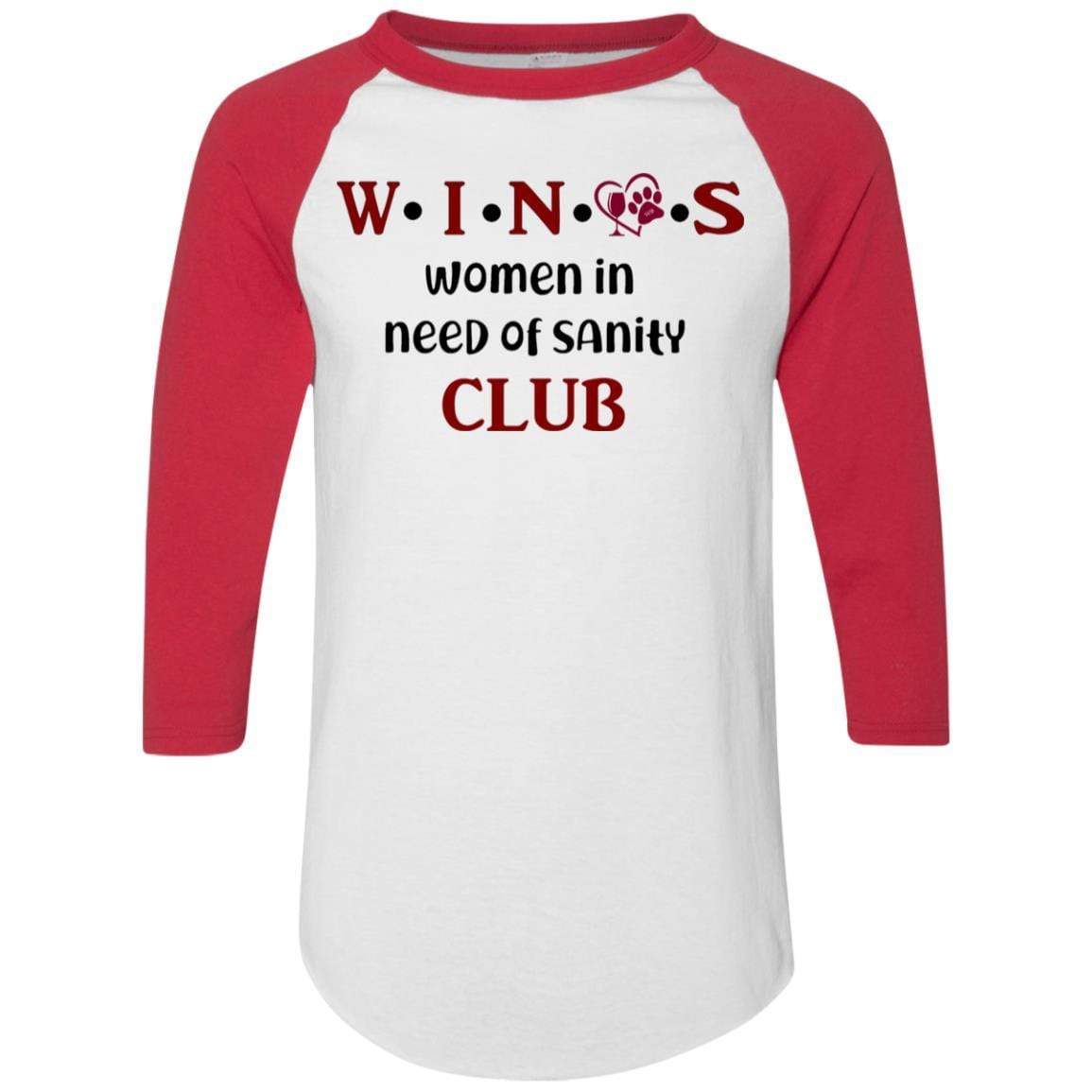WineyBitches.Co WINOS Club Colorblock Raglan Jersey with Burgundy Lettering - Perfect for Wine Tasting Parties, Girls' Night Out & Casual Wear