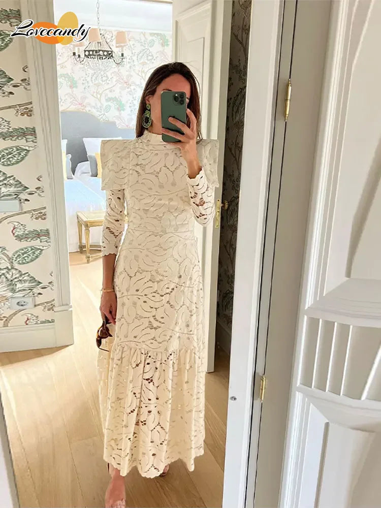 Elegant Hollow-Out Lace Maxi White Dress for Women - Fashion Mock Neck Long Sleeve Shoulder Padded Evening Gown | Perfect for Weddings, Parties & Formal Occasions 2024
