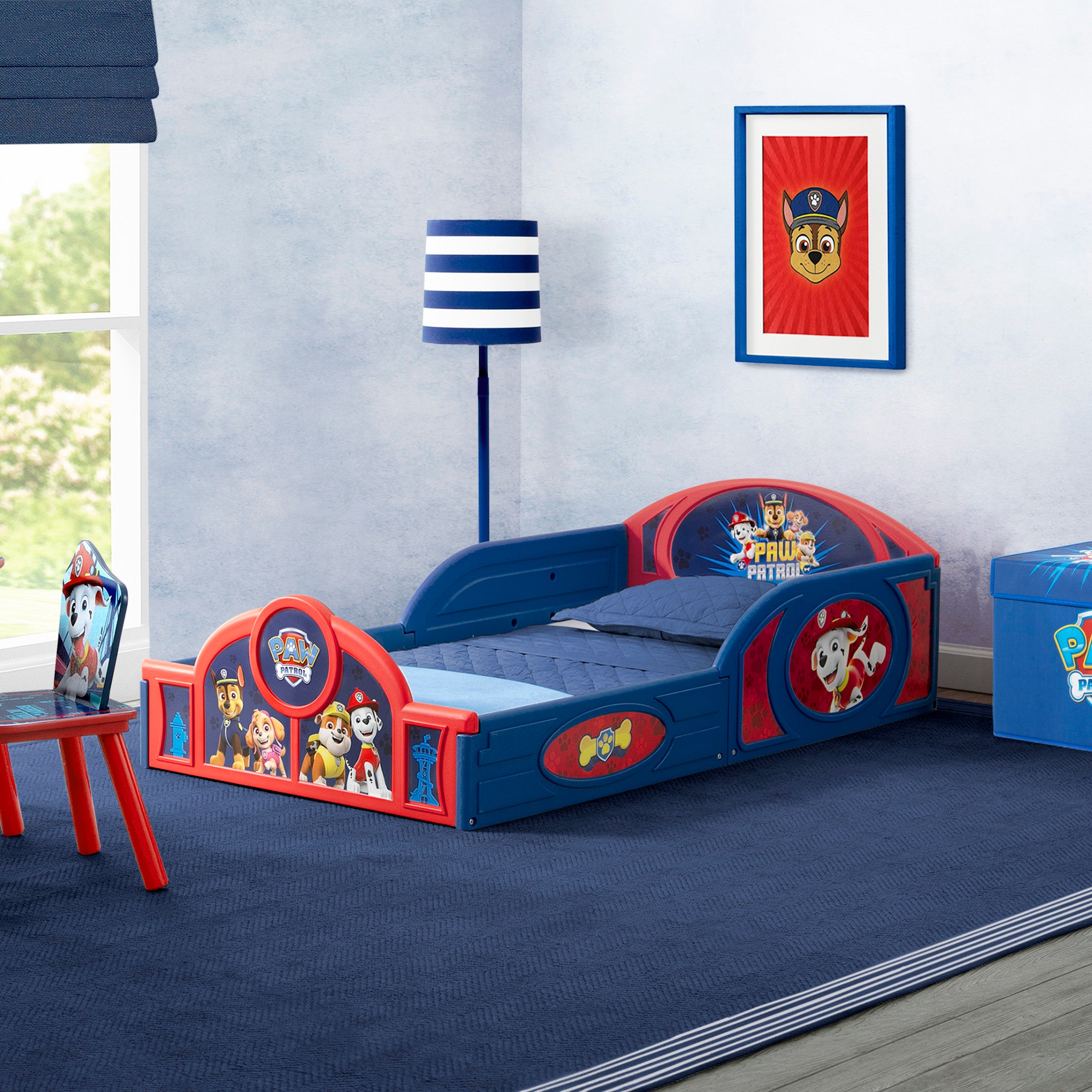 Paw Patrol 4-Piece Toddler Room Set - Includes Toddler Bed, Table, Chair & Fabric Toy Box for Kids' Bedroom Decor & Playroom Organization