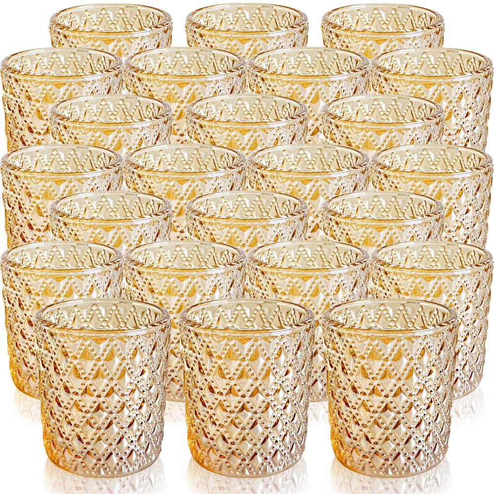 SHMILMH Champagne Gold Glass Votive Candle Holders - Set of 12 Elegant Tealight Holders for Wedding, Birthday Party, Halloween & Thanksgiving Decorations - Perfect for Table Centerpieces, Romantic Ambiance & Holiday Home Decor