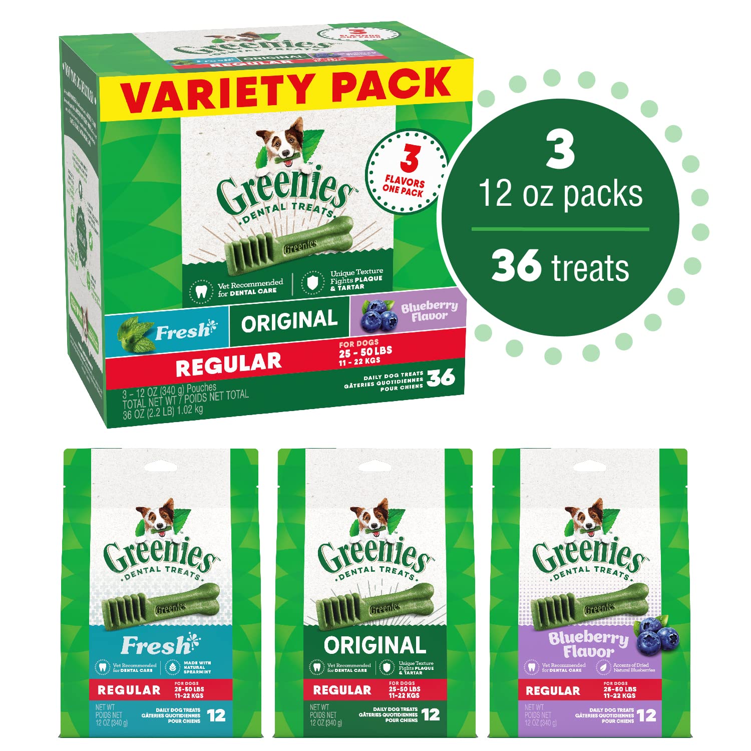 **Greenies Regular Natural Dental Care Dog Treats for Small & Medium Breeds, 36 oz Variety Pack (3 x 12 oz) – Freshens Breath & Reduces Tartar – Perfect for Daily Oral Care & Training Rewards**