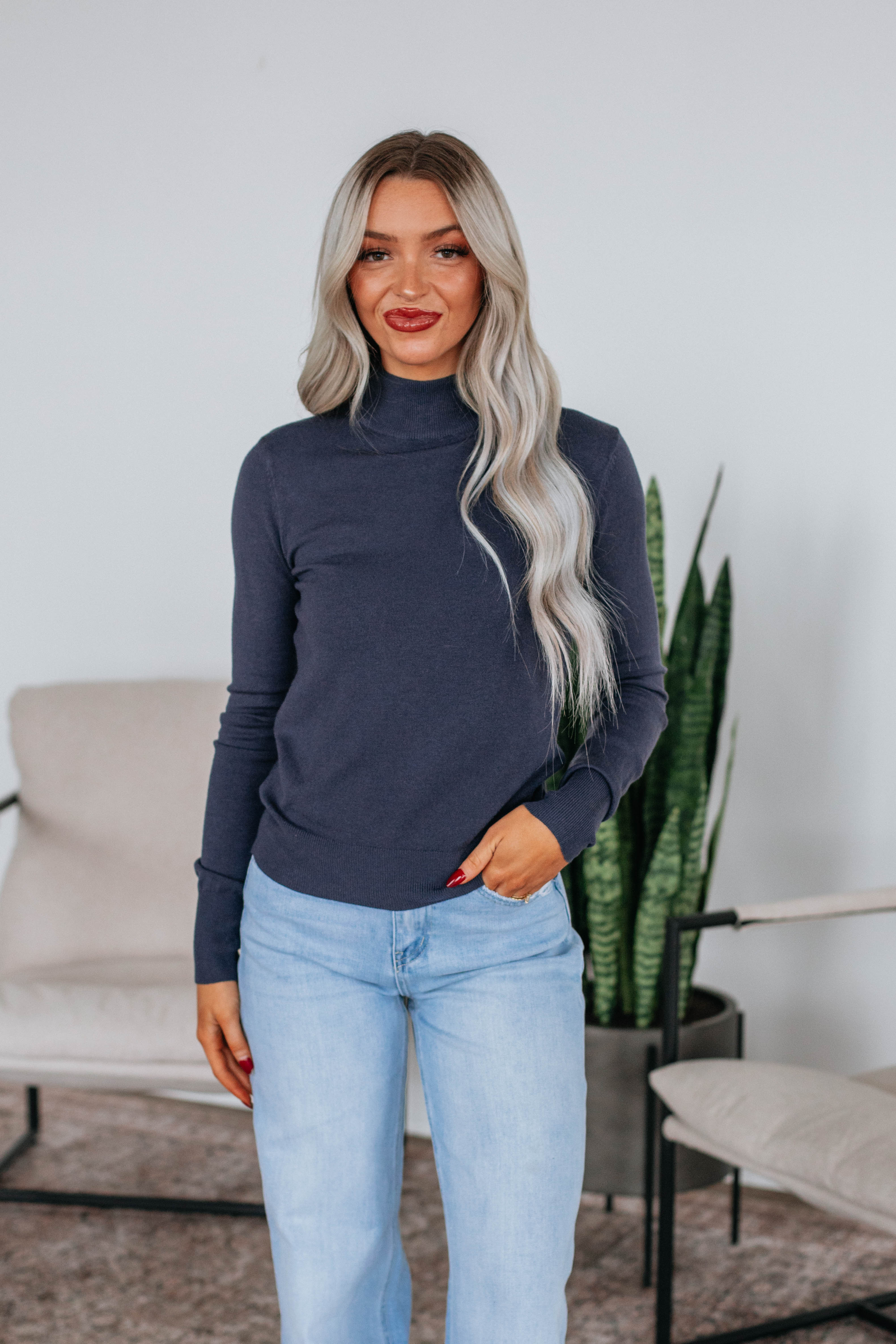 Afton Mock Neck Top for Women - Soft Stretch Steel Blue Blouse - Perfect for Work, Office & Casual Outfits