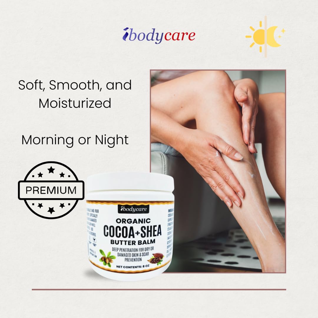 Organic Raw Cocoa Butter & Shea Butter Body Balm with Coconut Oil - 8 oz Unrefined Natural Moisturizer for Dry Skin - Women, Men, Baby & Kids - All Body Use - Perfect for Massage, Stretch Marks & Daily Hydration (Pack of 2)