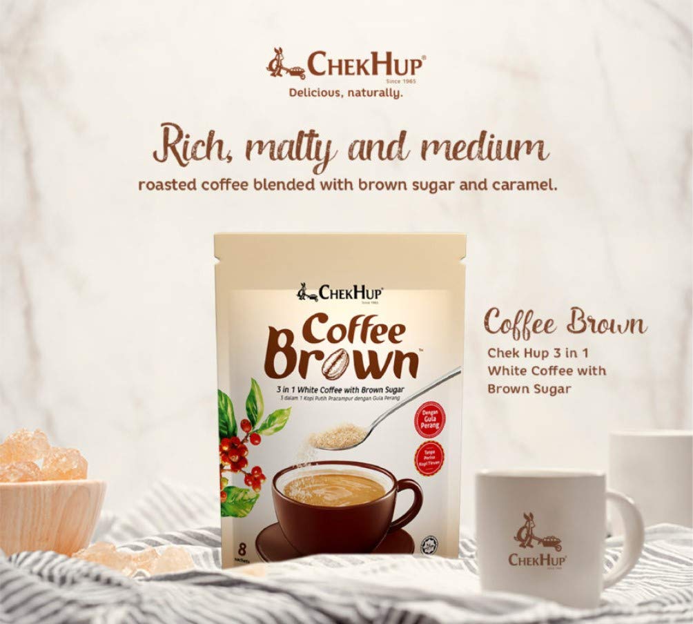 Chek Hup 3-in-1 White Coffee with Brown Sugar - 8 Sachets per Pack (2 Packs) - Premium Malaysian Instant Coffee for Office, Travel & Home Brewing