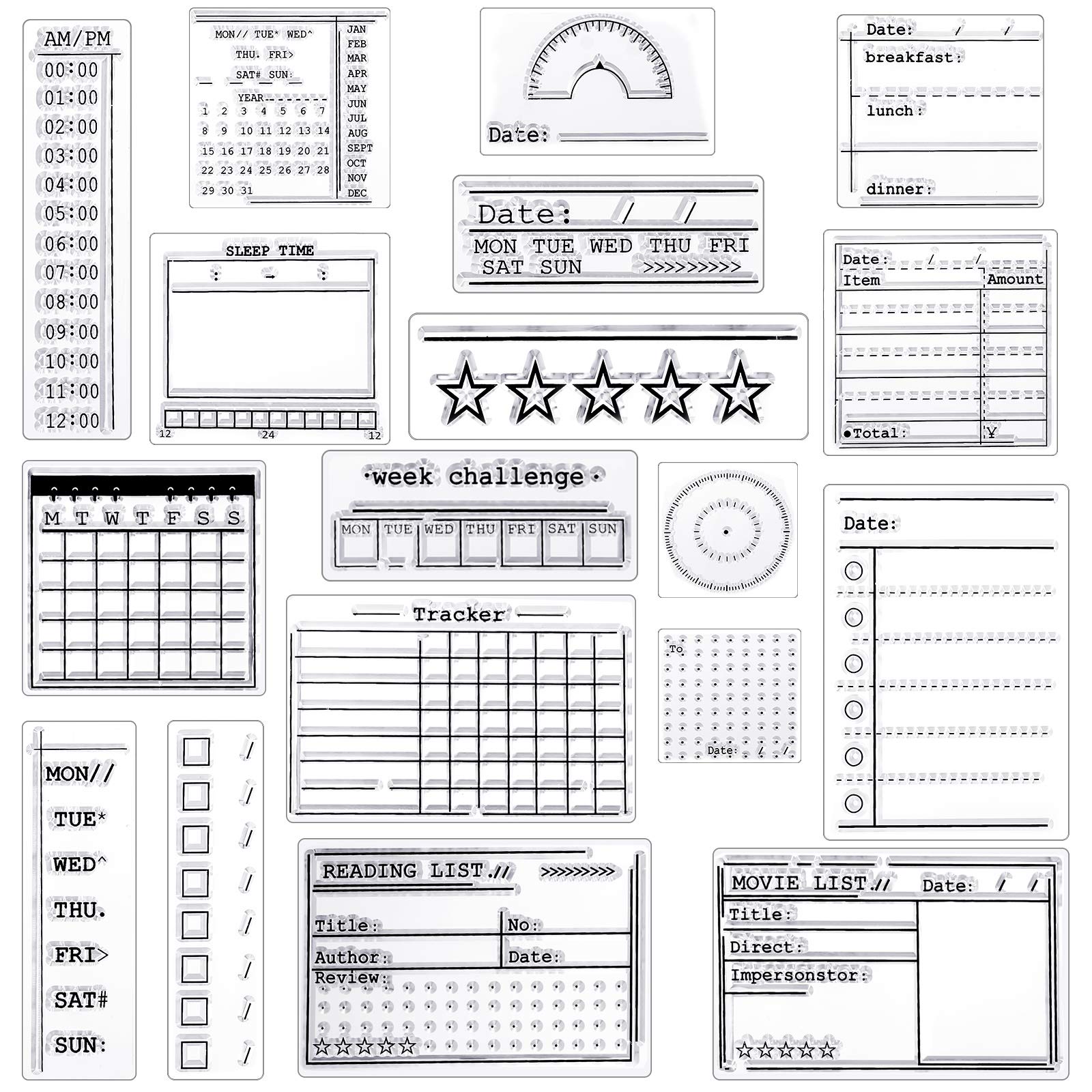 Zonon 18-Piece Clear Journal Stamp Set with 4 Silicone Calendar Planner Stencils - Perfect for Bullet Journaling, Weekly/Monthly Planning, DIY Crafts & Scrapbooking - Ideal for Organizing Tasks, Creative Ideas & Memory Keeping