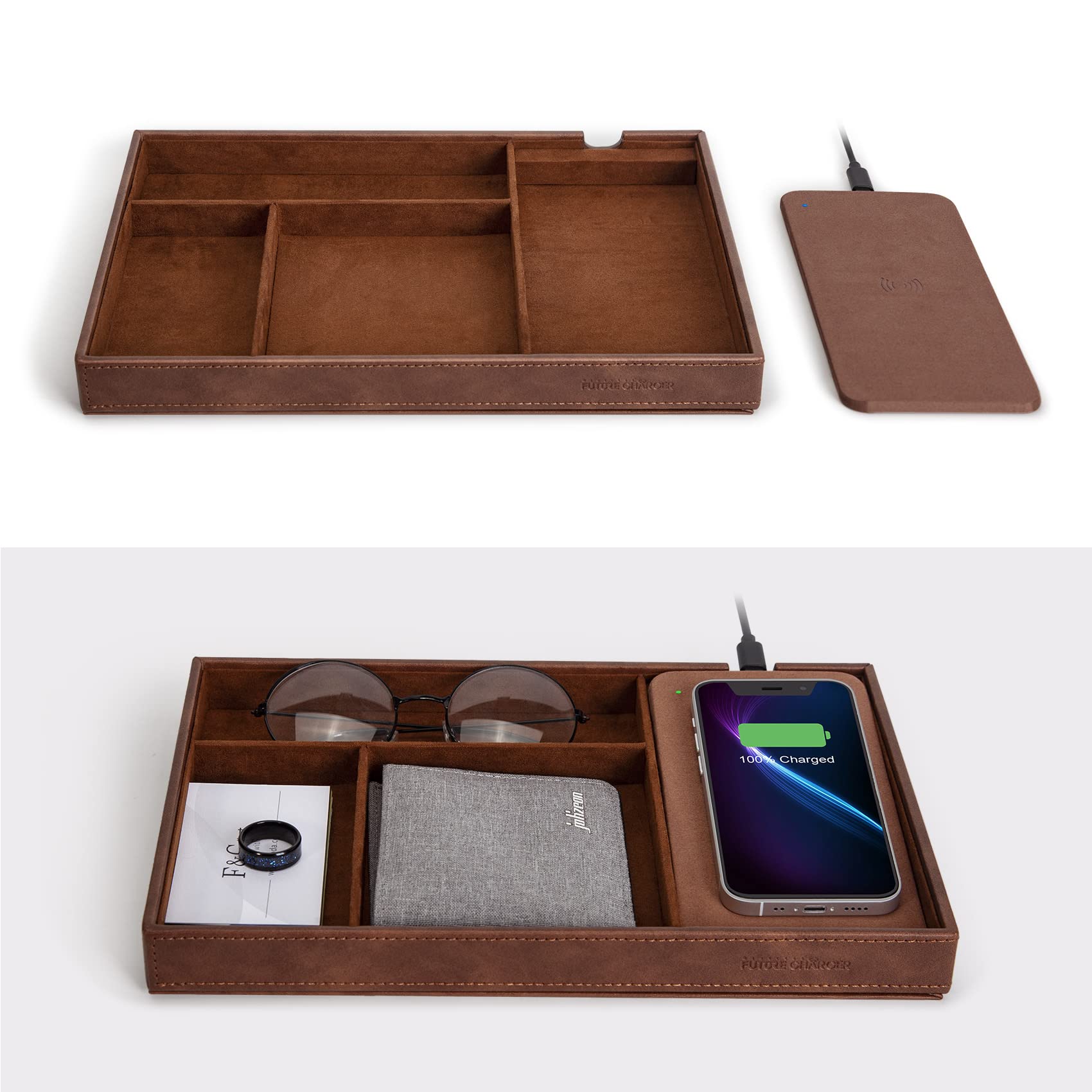 Wireless Charging Valet Tray - Genuine Faux Leather Nightstand Organizer for Men | Catch All Tray for Keys, Wallet, Watch, Coins & Phone | Perfect for Entryway, Bedside Table & Office Desk (Brown)